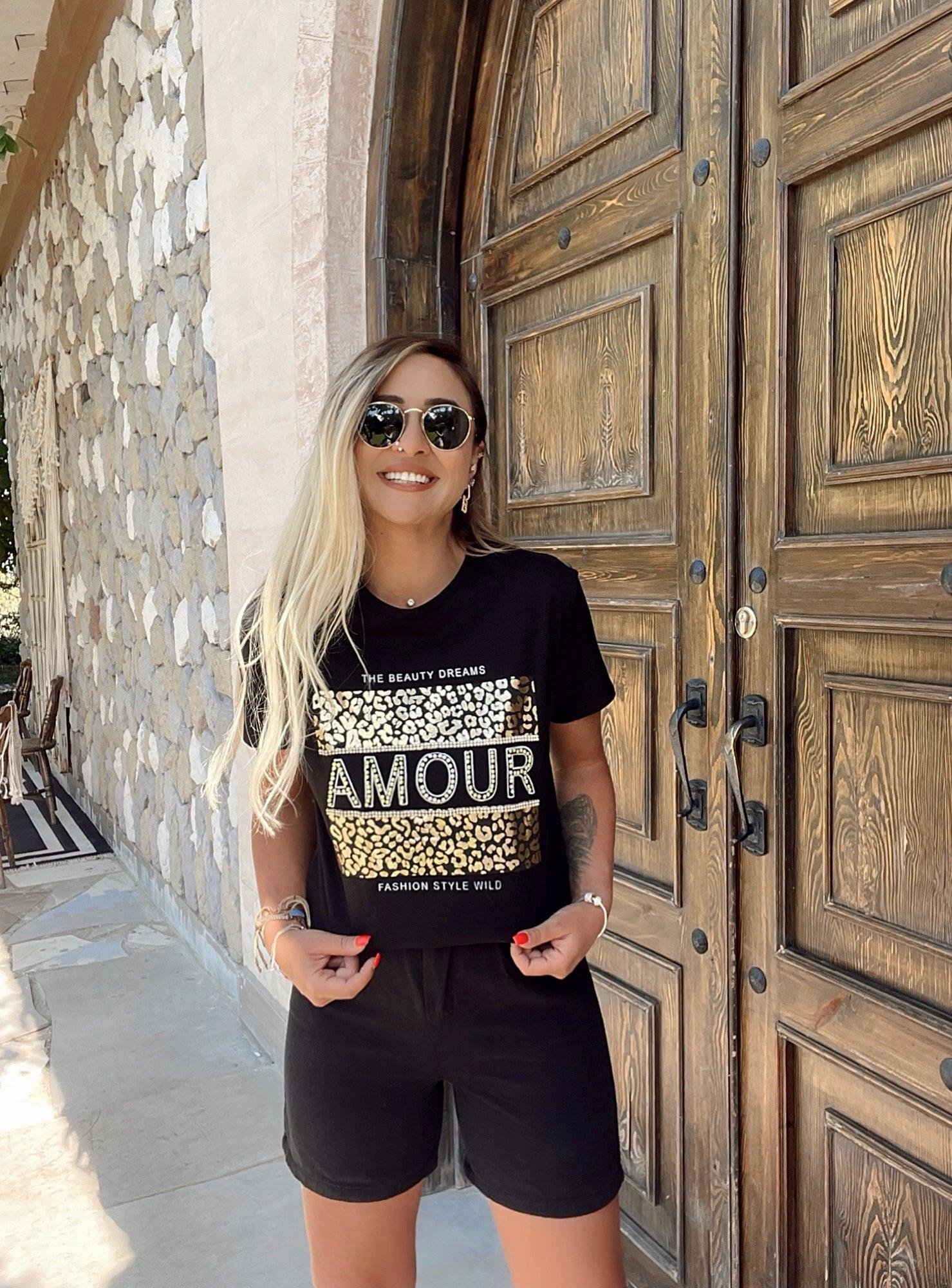 Amour Baskı Taşlı Siyah Tshirt