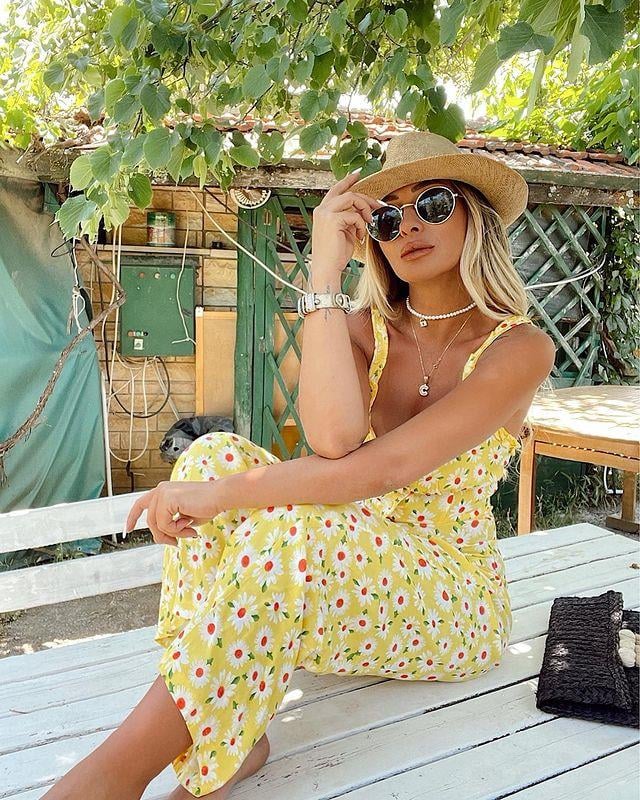 Askılı Papatya Desen Sarı Tulum