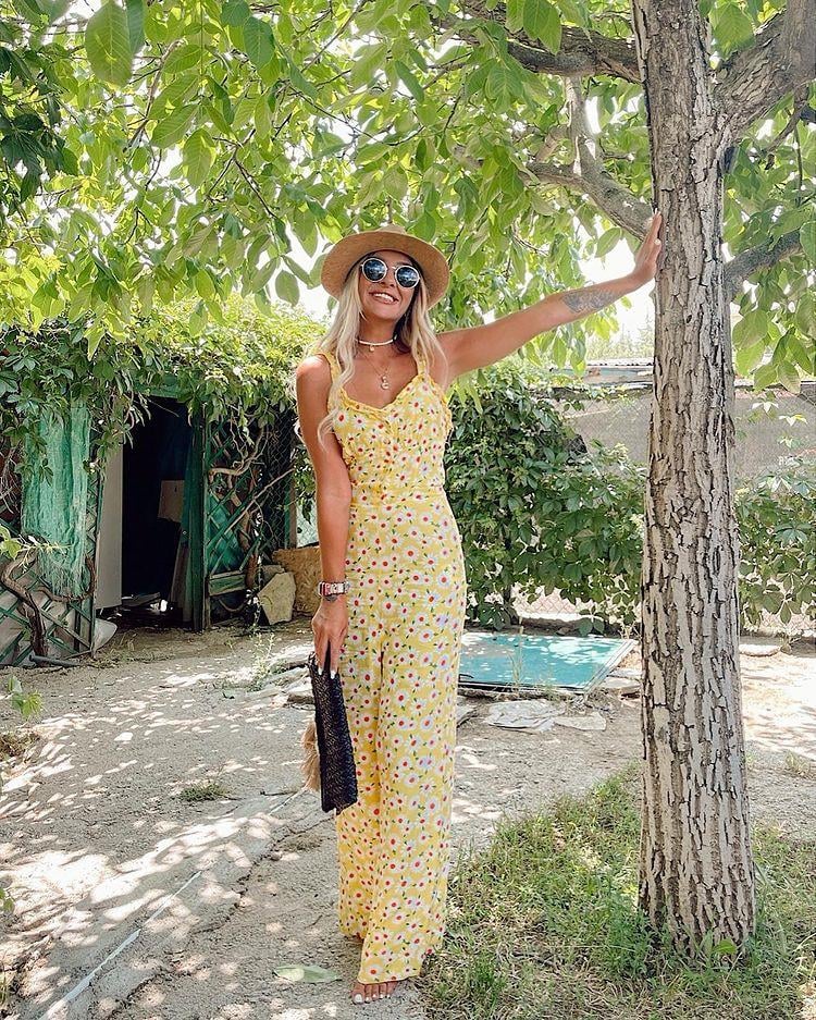 Askılı Papatya Desen Sarı Tulum