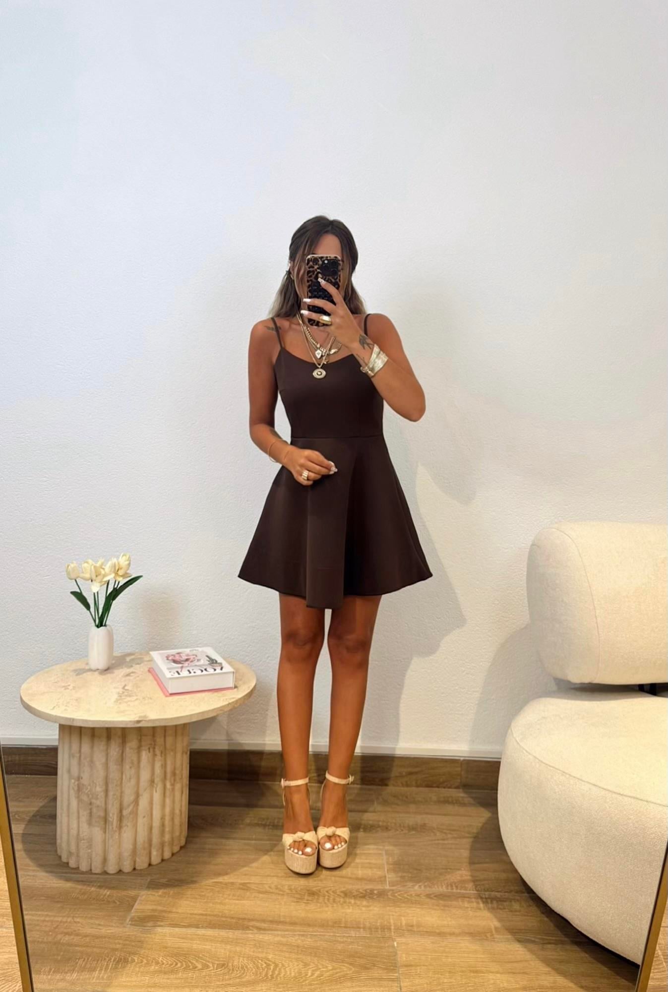Askılı Volanlı Kahve Mini Elbise