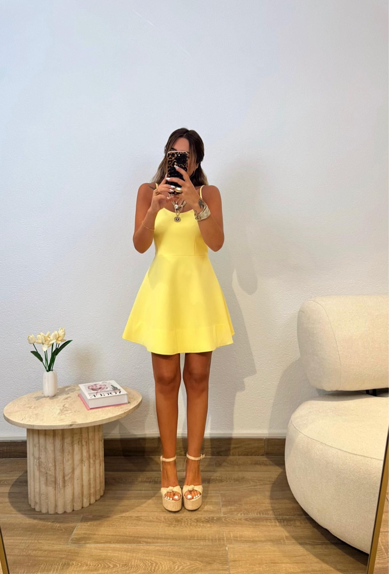 Askılı Volanlı Sarı Mini Elbise