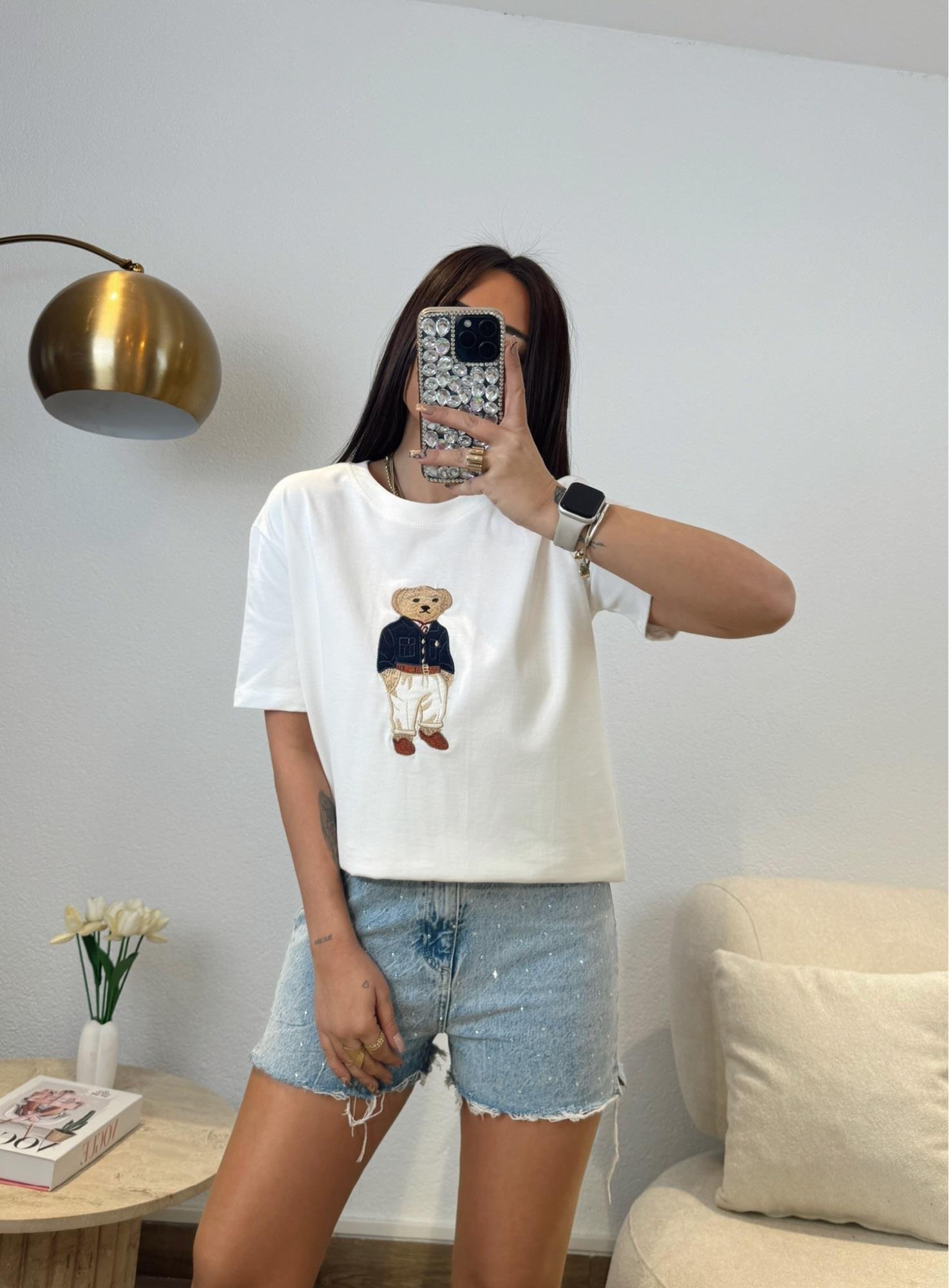Ayıcık Baskı Pamuklu Beyaz Tshirt