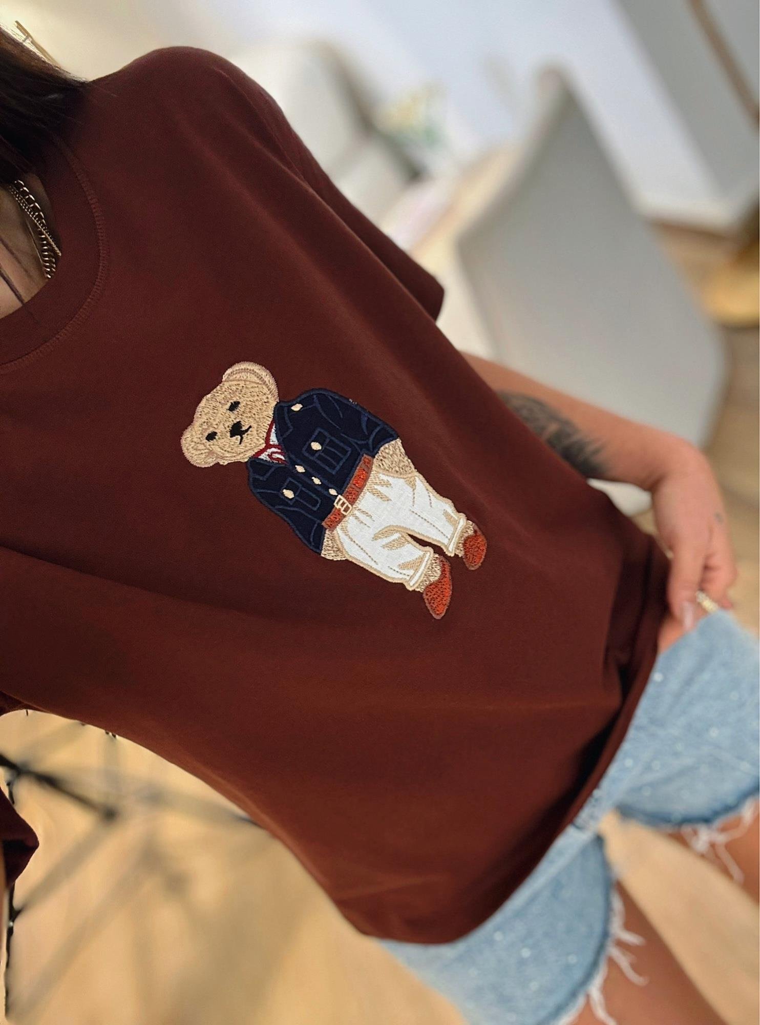 Ayıcık Baskı Pamuklu Kahve Tshirt