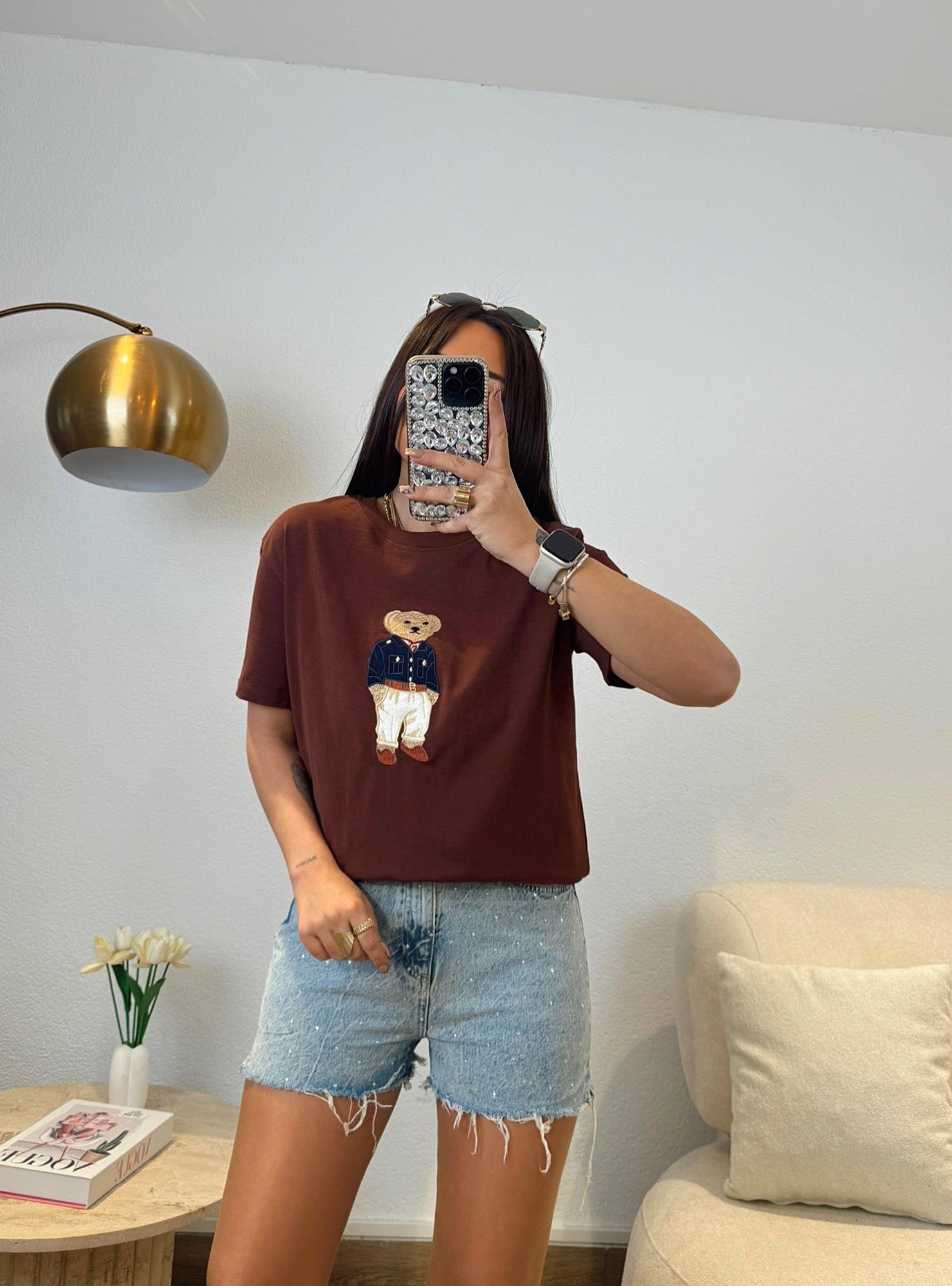 Ayıcık Baskı Pamuklu Kahve Tshirt