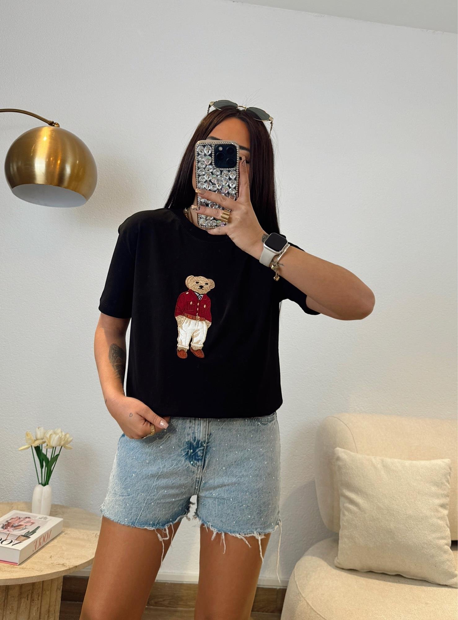 Ayıcık Baskı Pamuklu Siyah Tshirt