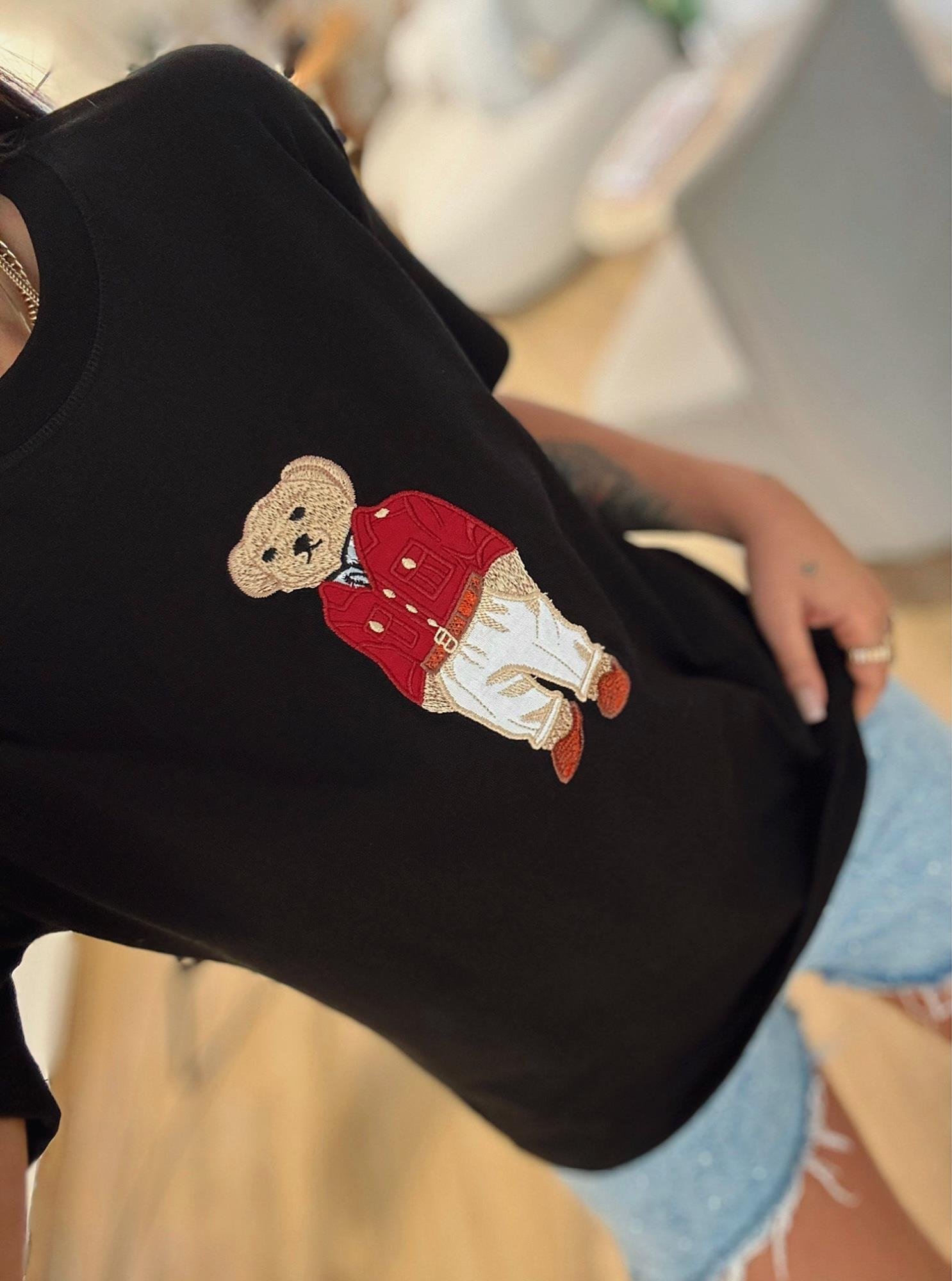Ayıcık Baskı Pamuklu Siyah Tshirt
