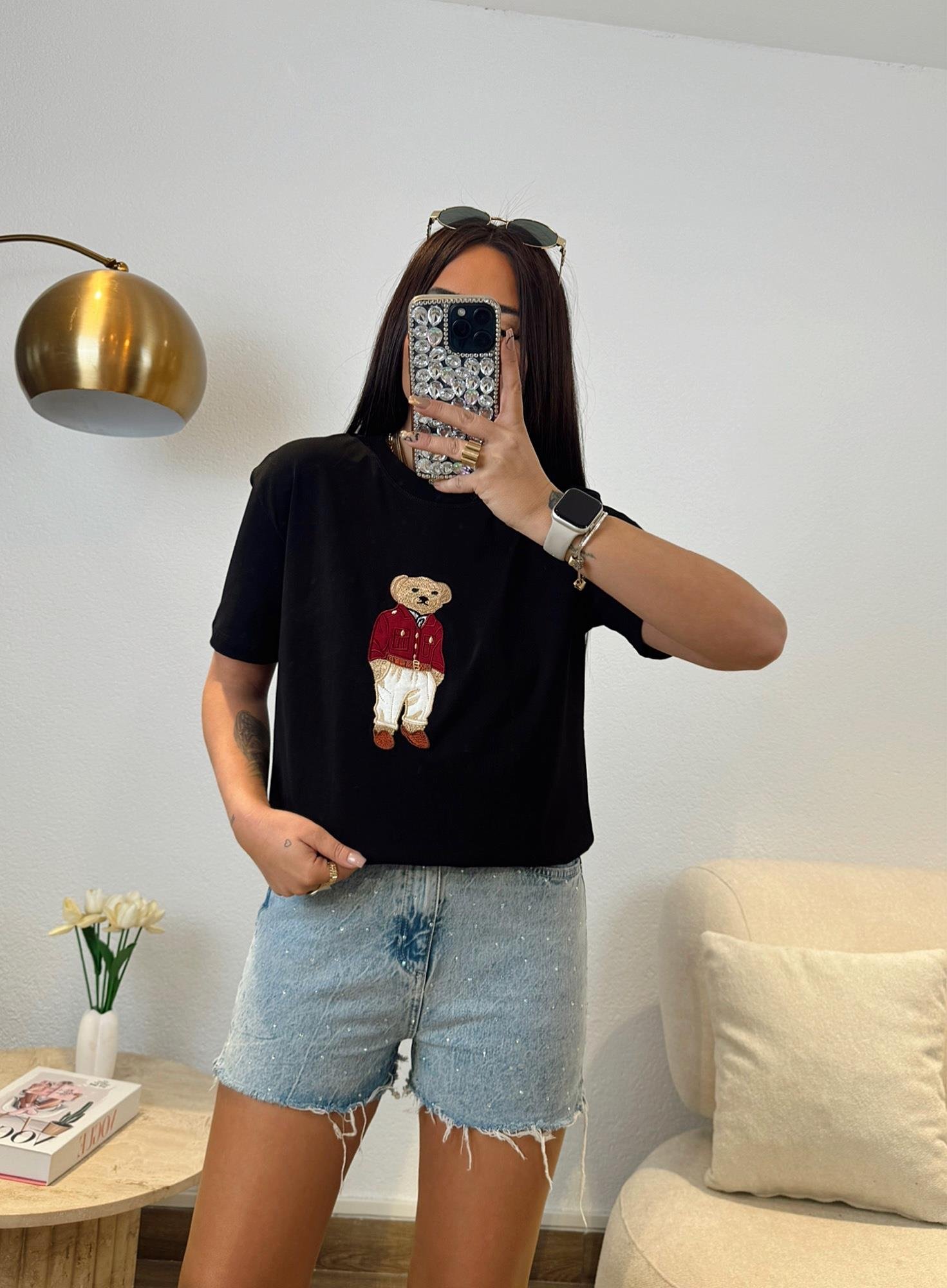 Ayıcık Baskı Pamuklu Siyah Tshirt