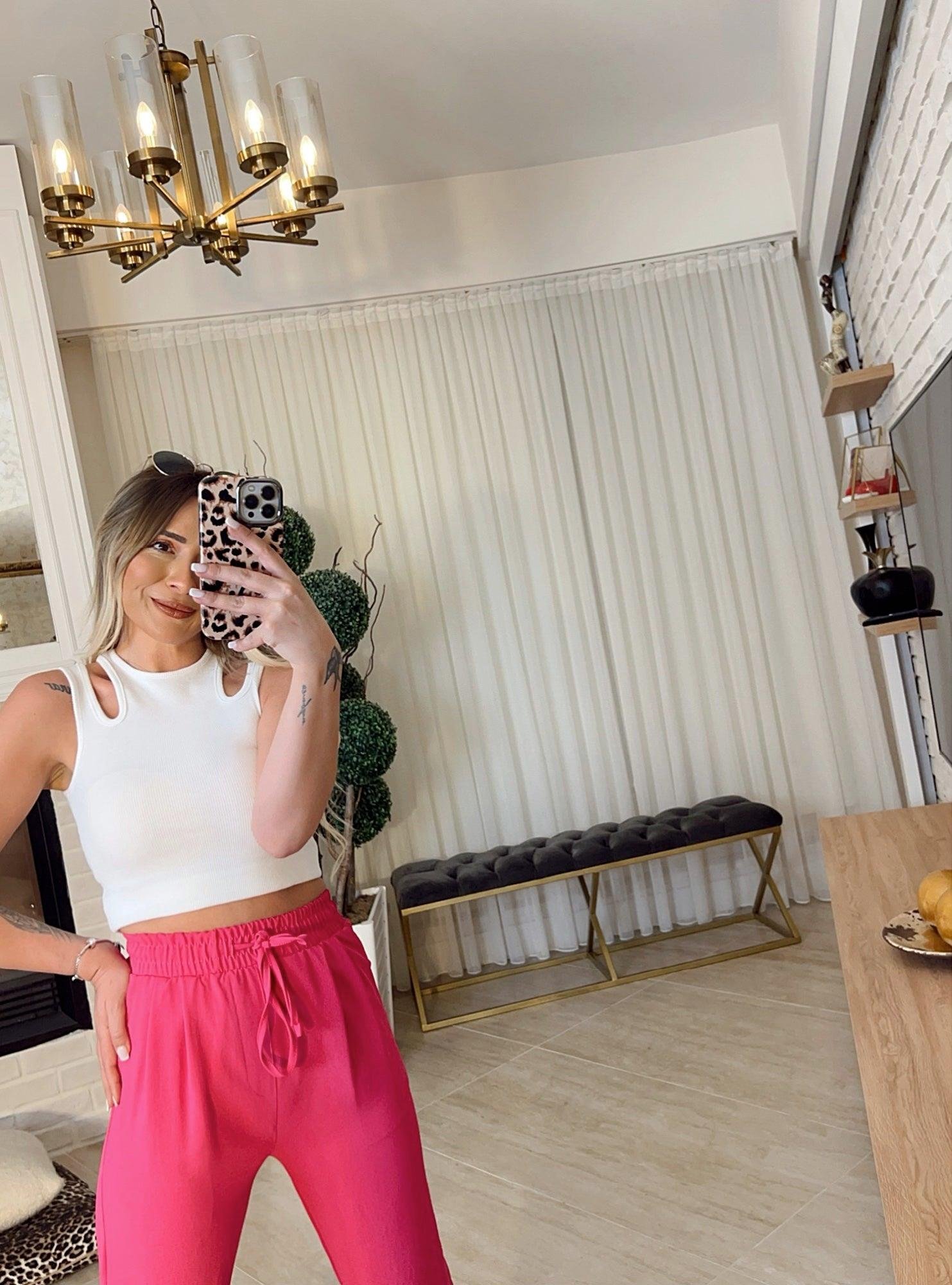 Ayrobin Kumaş Beli Lastikli Pembe Pantolon