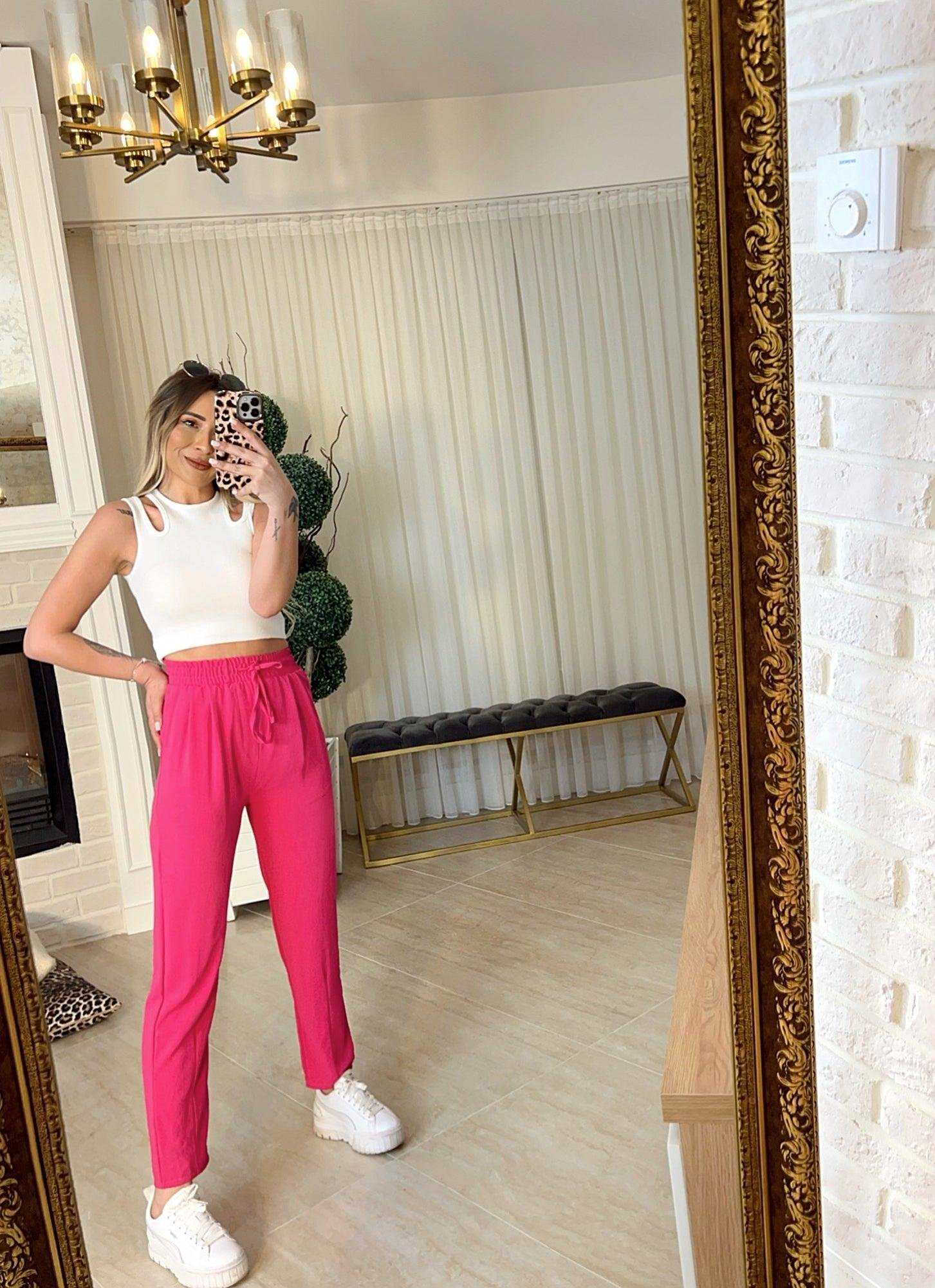 Ayrobin Kumaş Beli Lastikli Pembe Pantolon