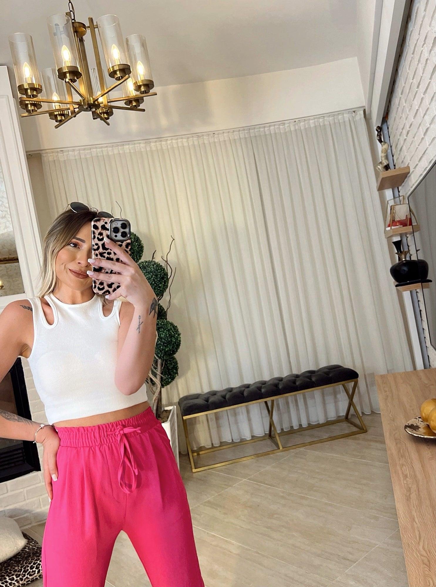 Ayrobin Kumaş Beli Lastikli Pembe Pantolon