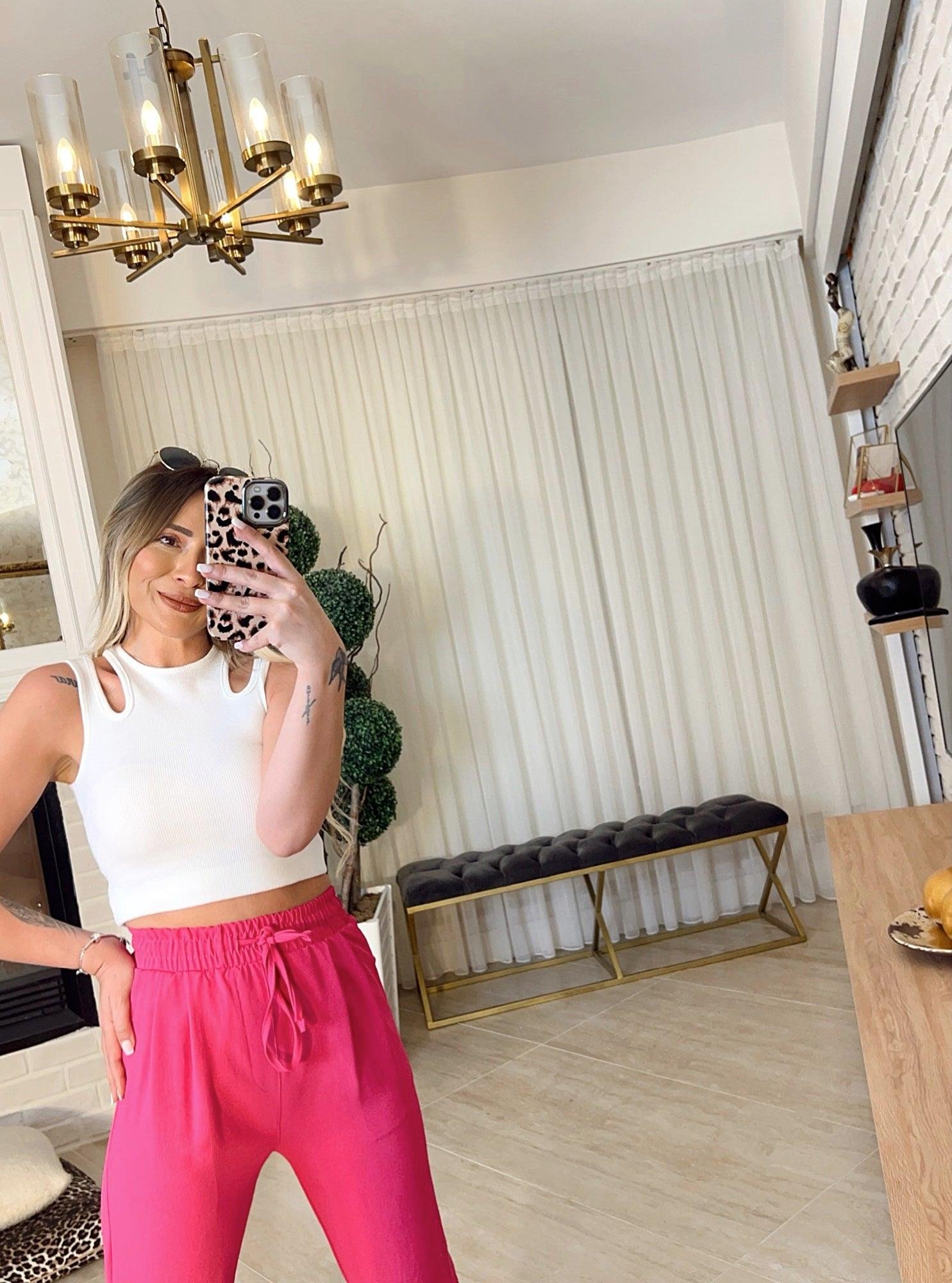 Ayrobin Kumaş Beli Lastikli Pembe Pantolon
