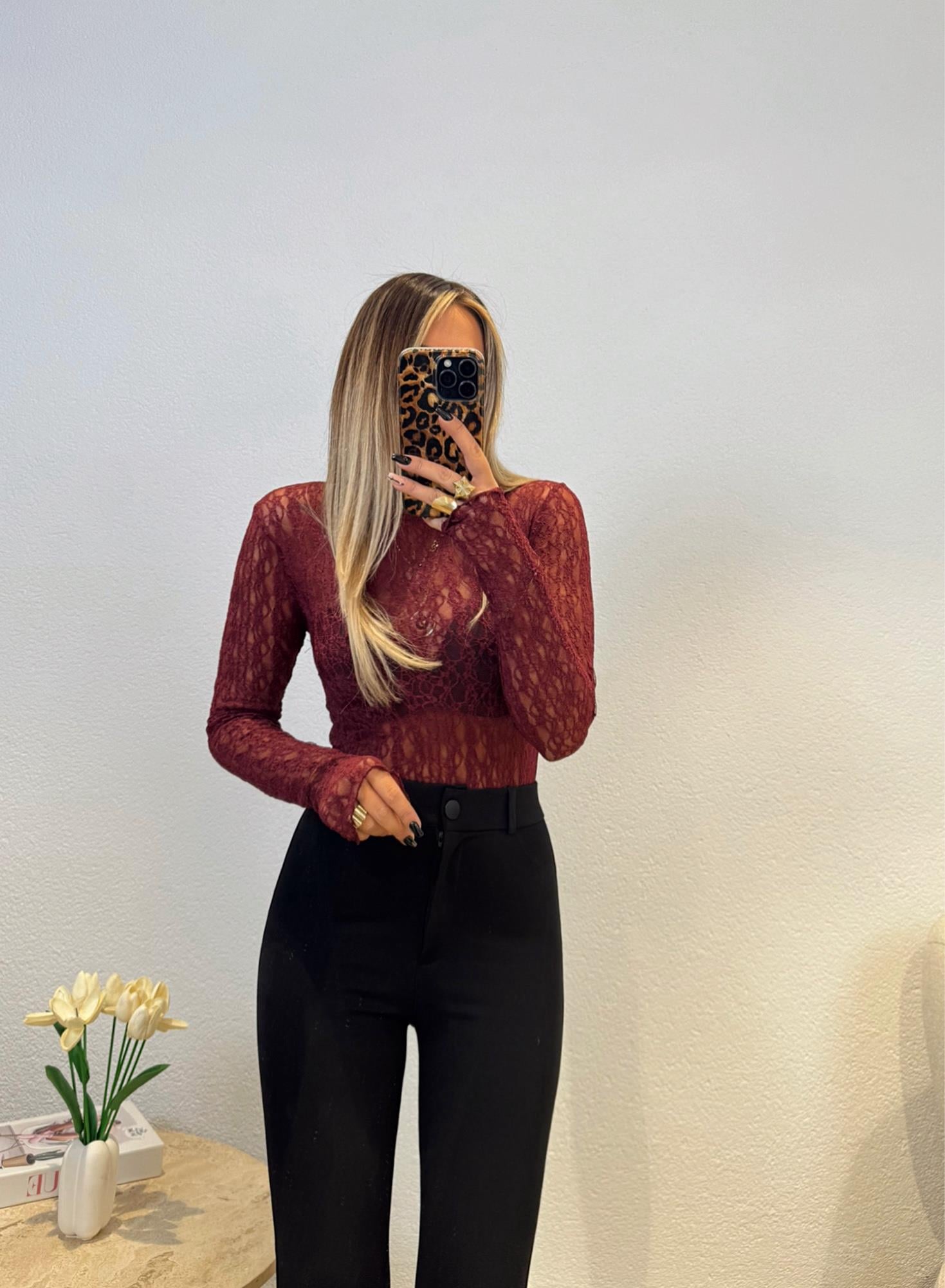 Balıkçı Yaka Dantel Bordo Bodysuit