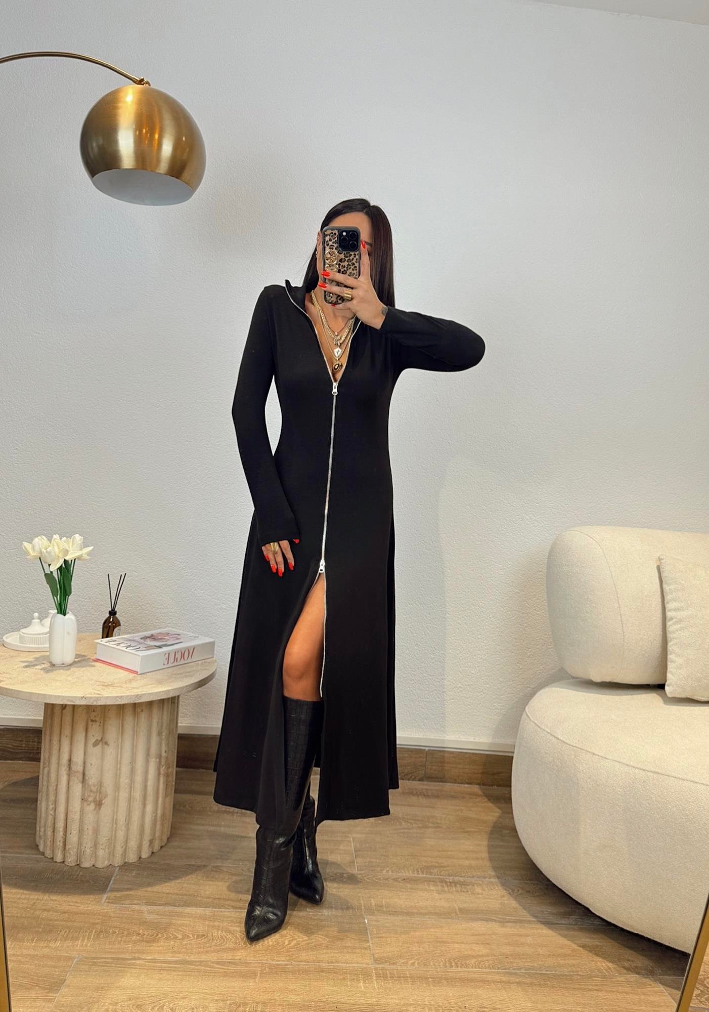 Balıkçı Yaka Fermuarlı Midi Boy Elbise