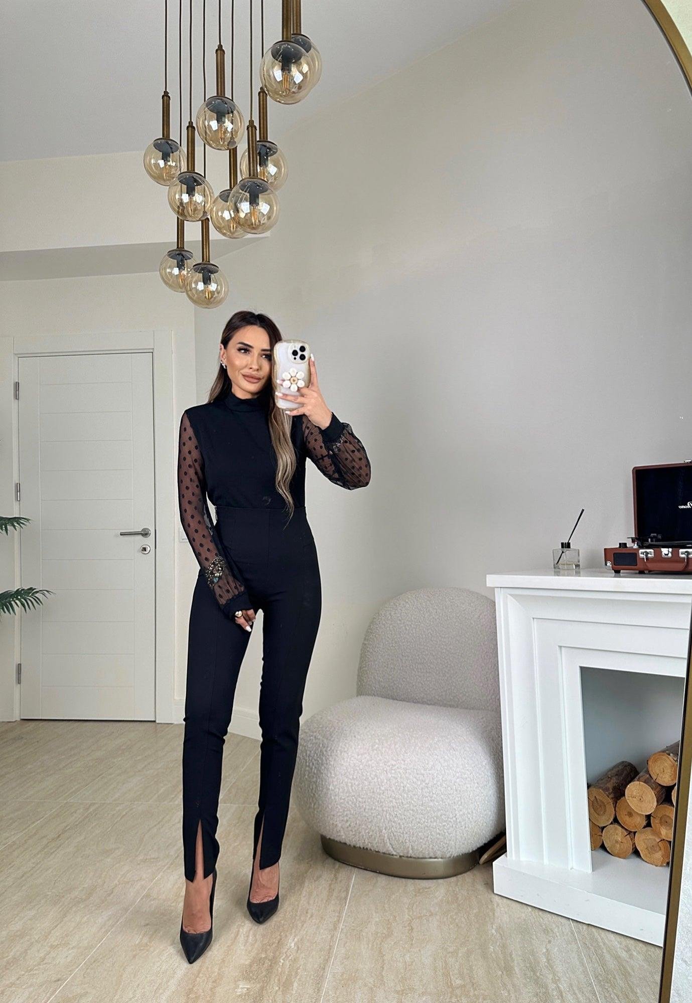 Balıkçı Yaka Kolları Tül Detay Siyah Bodysuit