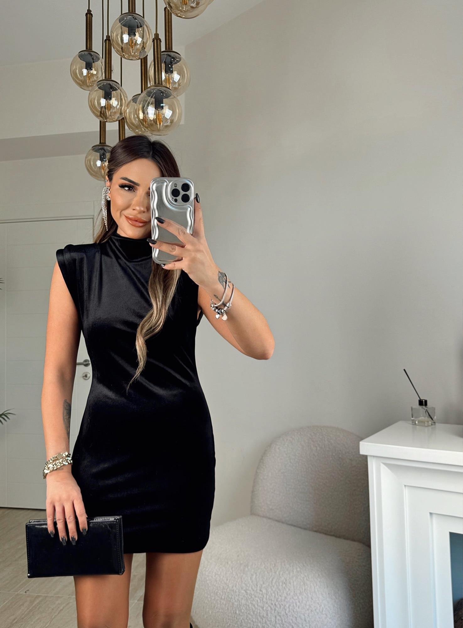 Balıkçı Yaka Mini Kadife Elbise