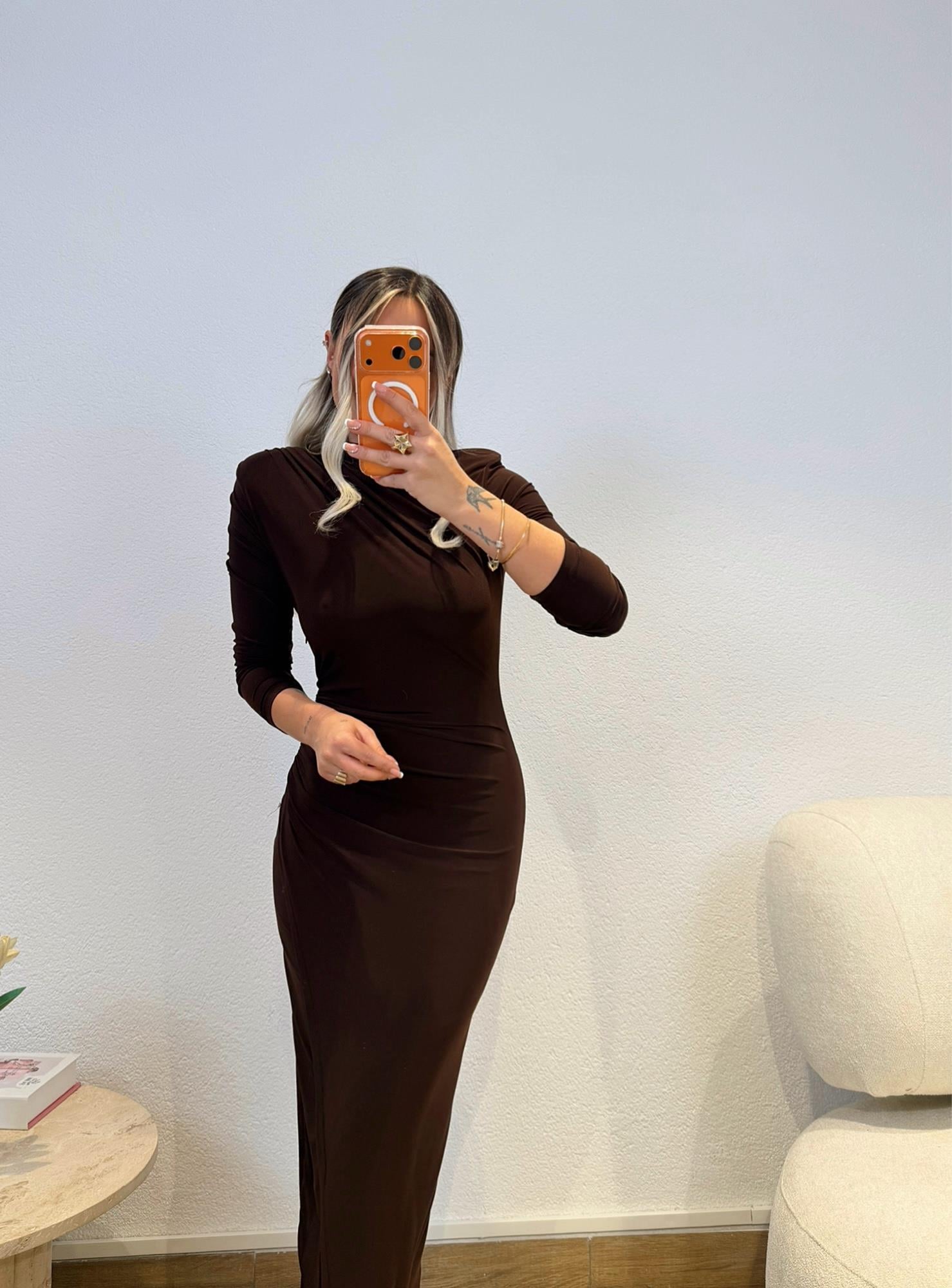 Balıkçı Yaka Vatkalı Drapeli Kahve Elbise