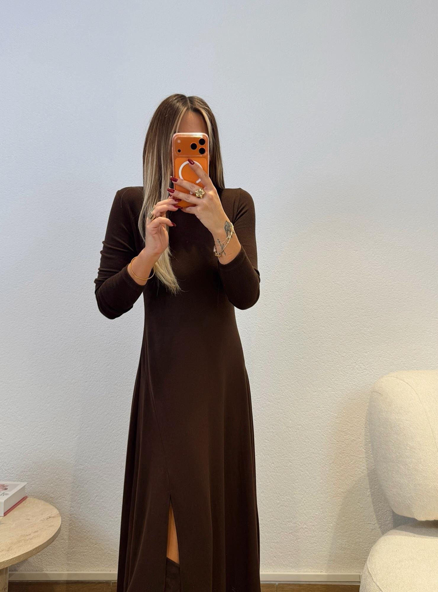 Balıkçı Yaka Yırtmaçlı Kahve Elbise