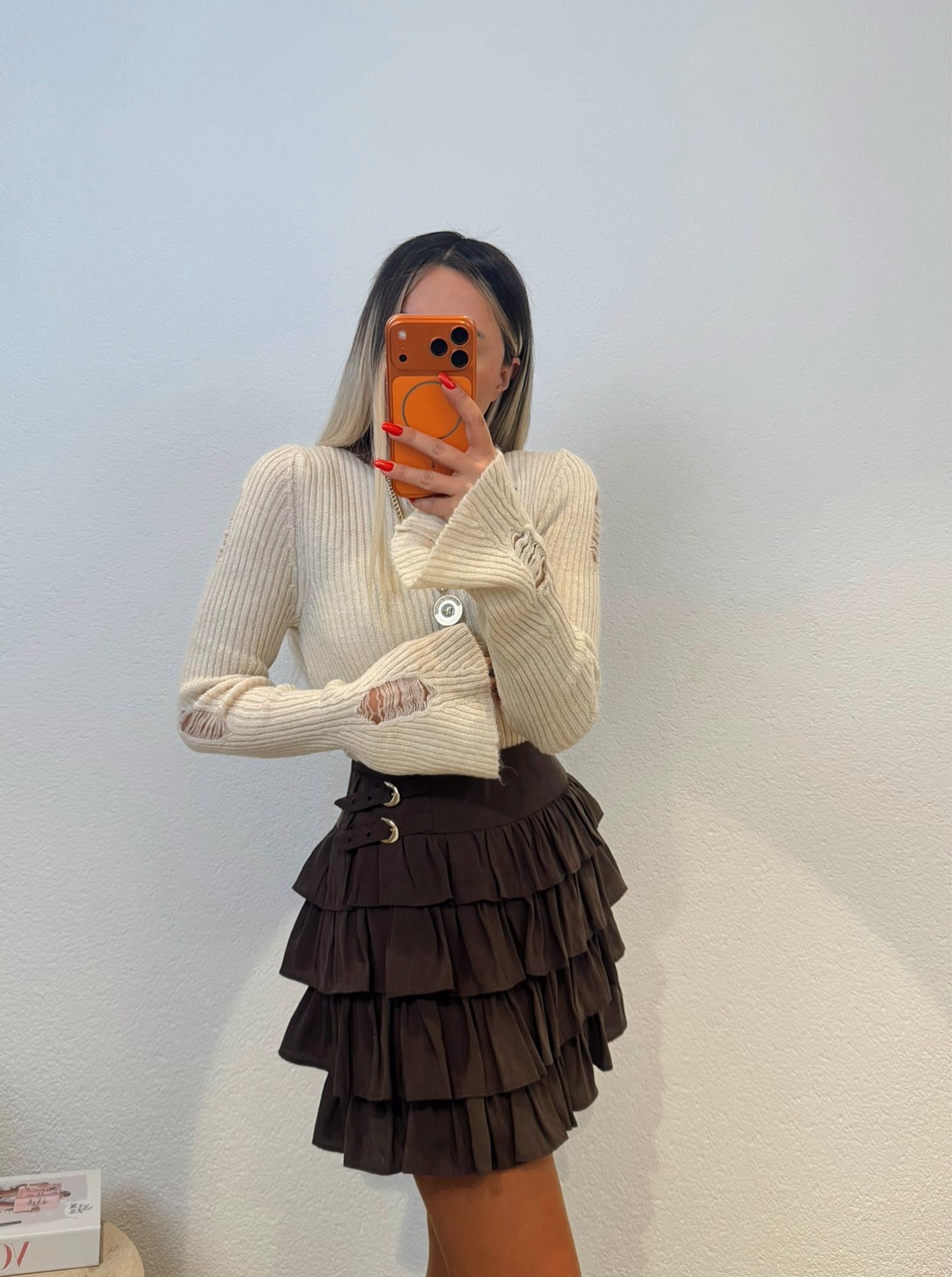 Bel Aksesuar Detay Katlı Mini Kahve Etek