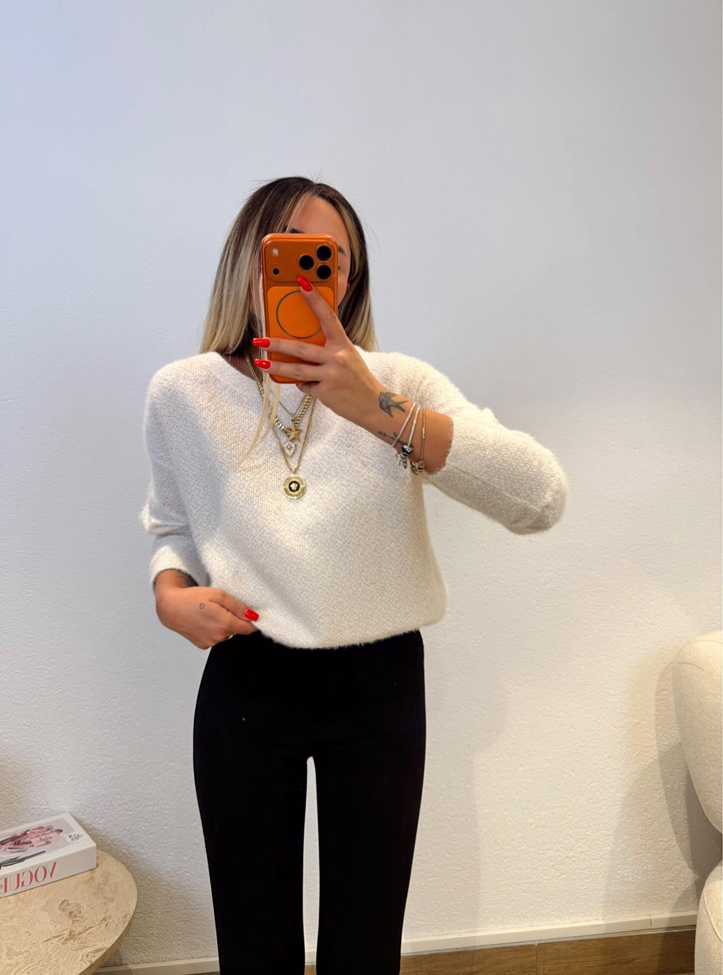 Beyaz Gold Işıltılı Bisiklet Yaka Triko