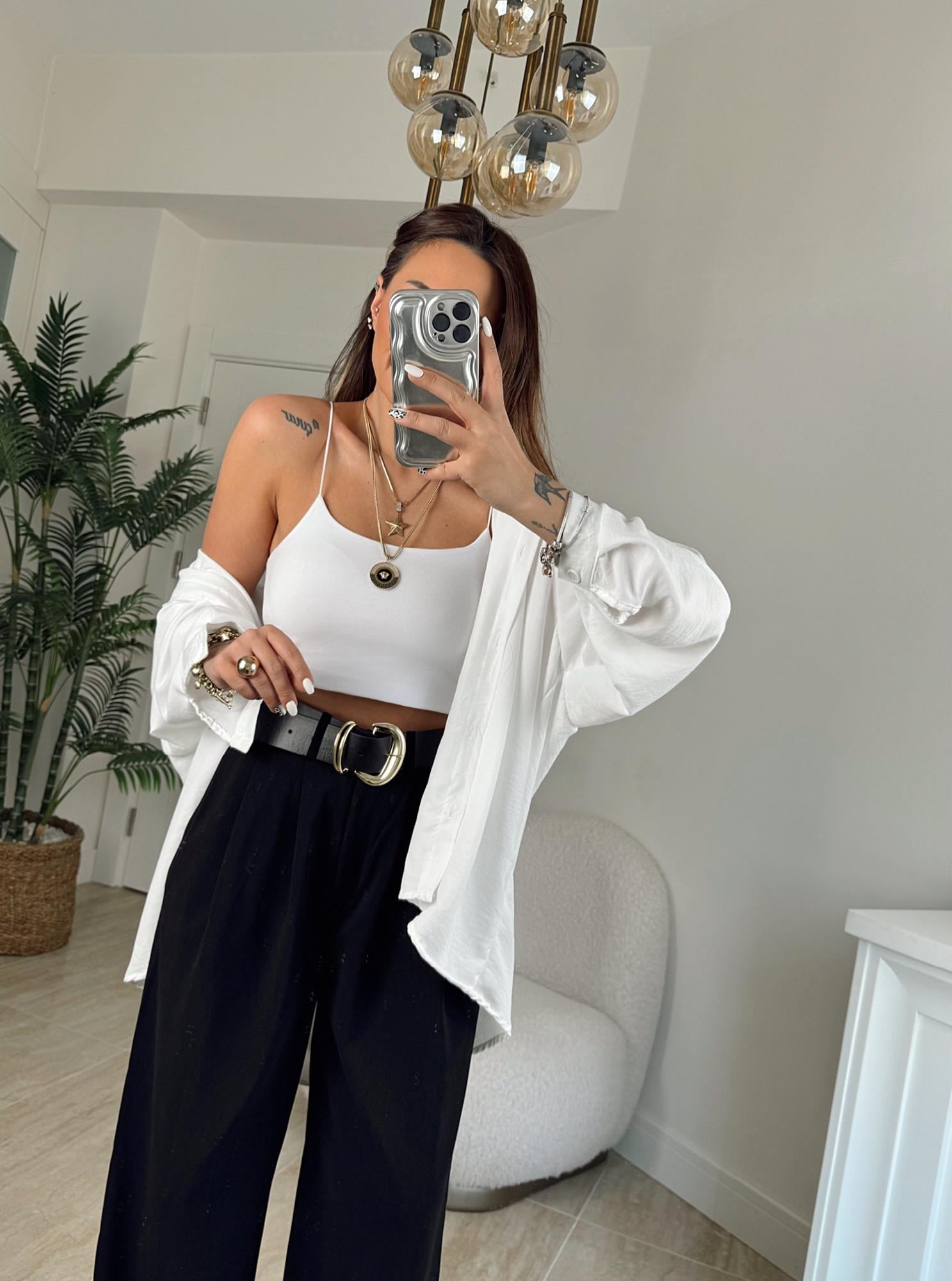 Beyaz İp Askılı Çift Kat Crop