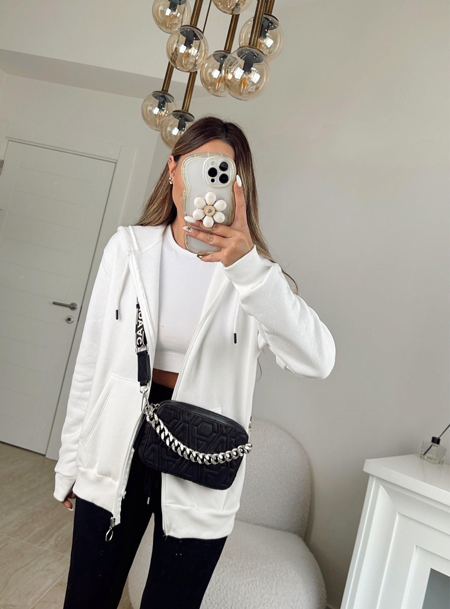 Beyaz Kapişonlu Sweat Hırka