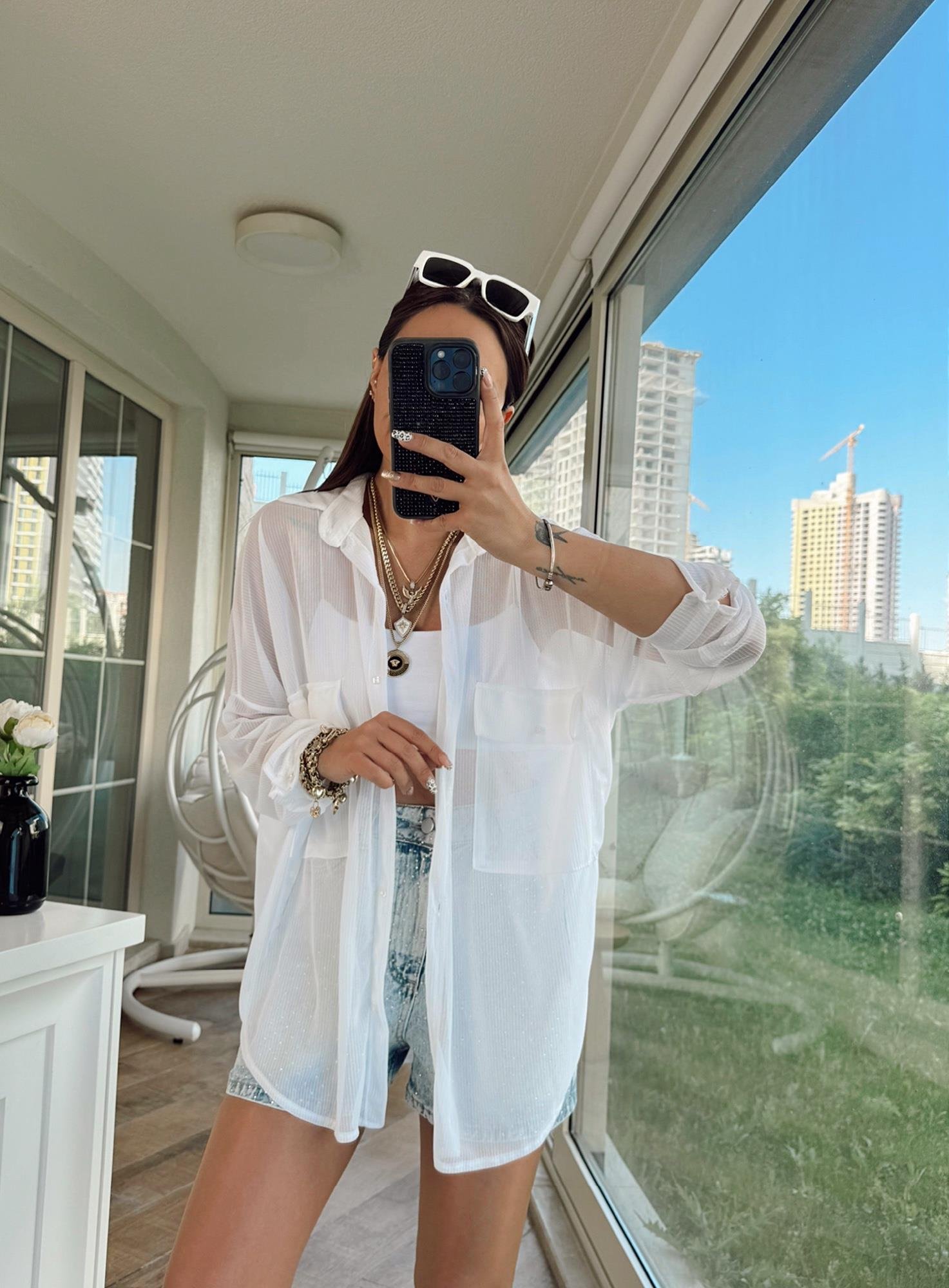 Beyaz Oversize Tül Gömlek