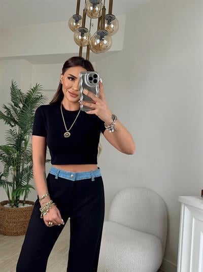 Bisiklet Yaka Kısa Kol Pamuklu Siyah Crop