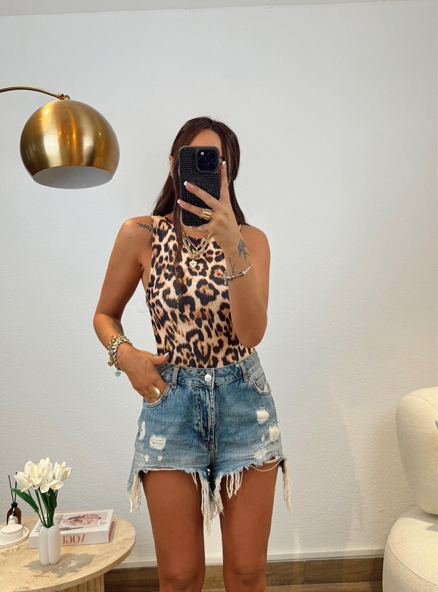 Bisiklet Yaka Leopar Sandy Bodysuit