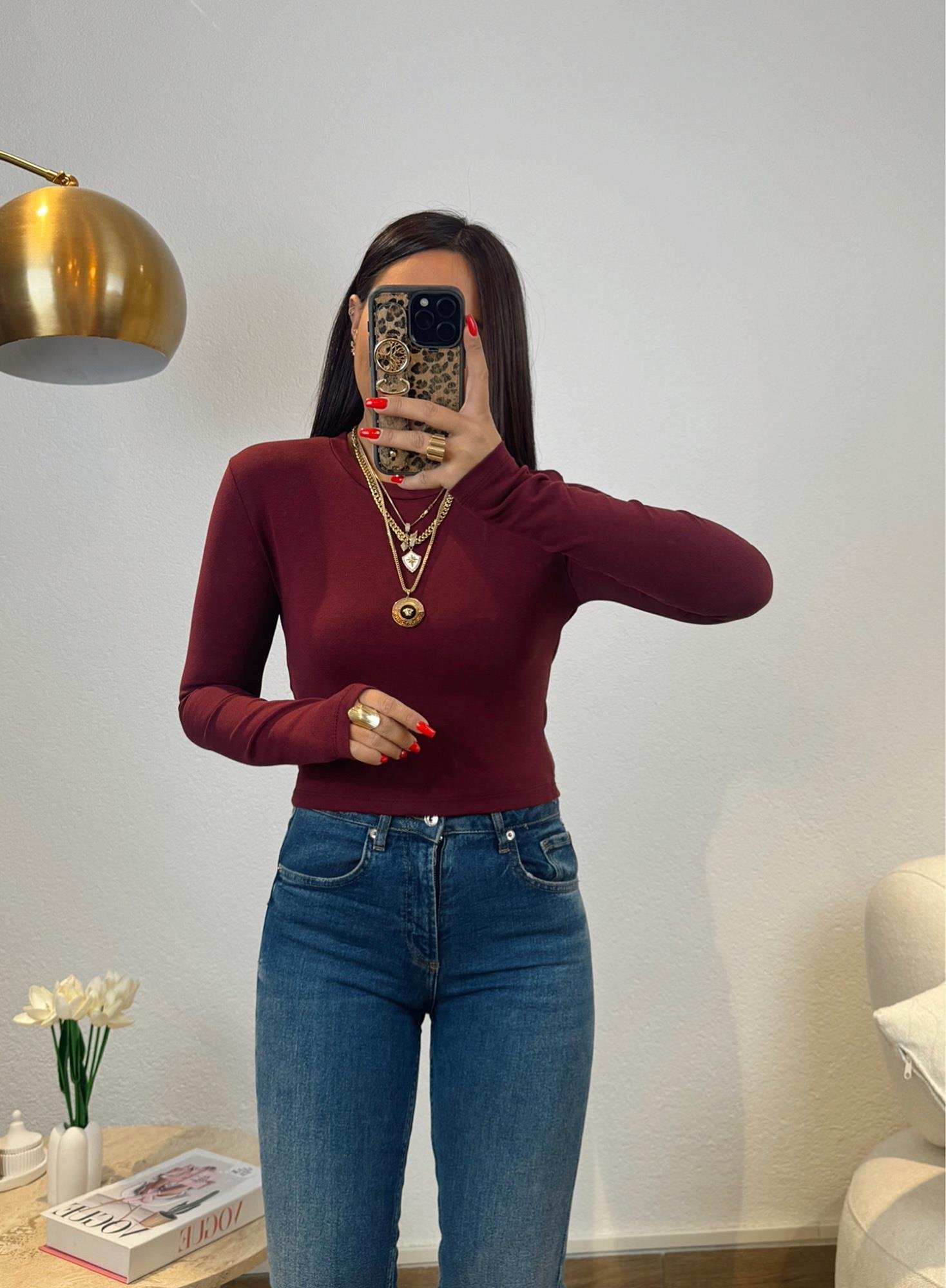 Bisiklet Yaka Pamuklu Uzun Kol Bordo Crop