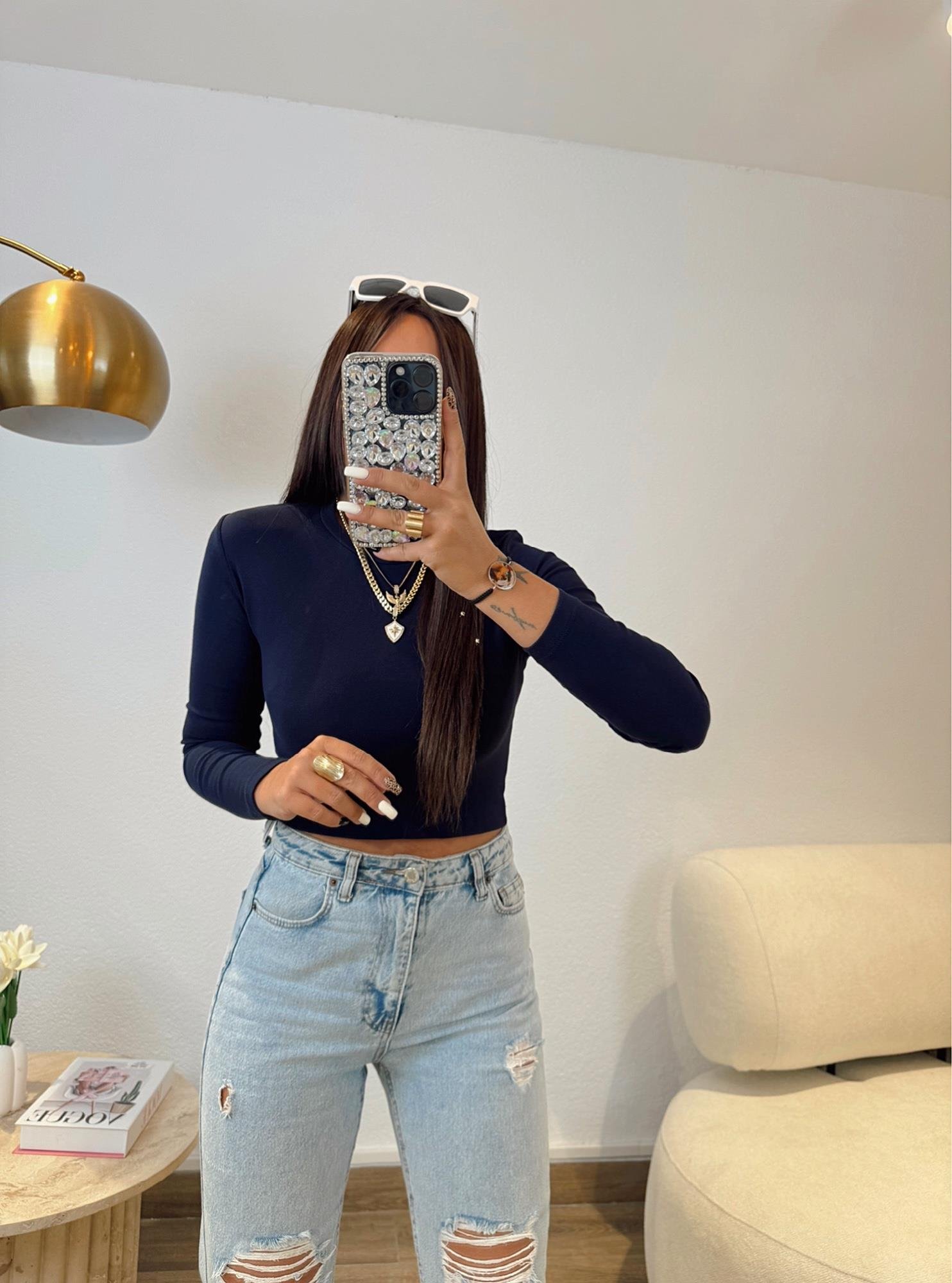 Bisiklet Yaka Pamuklu Uzun Kol Laci Crop