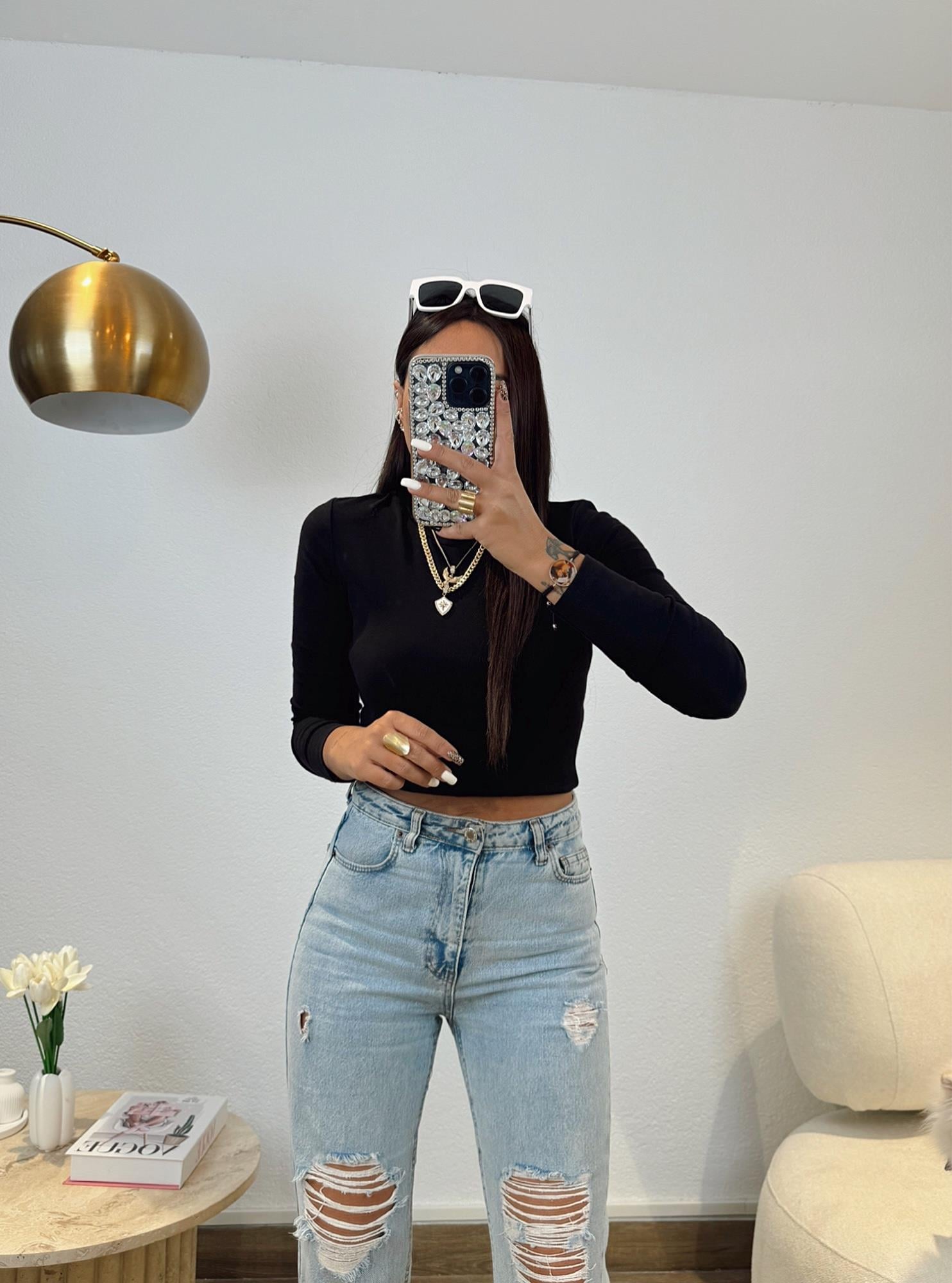 Bisiklet Yaka Pamuklu Uzun Kol Siyah Crop