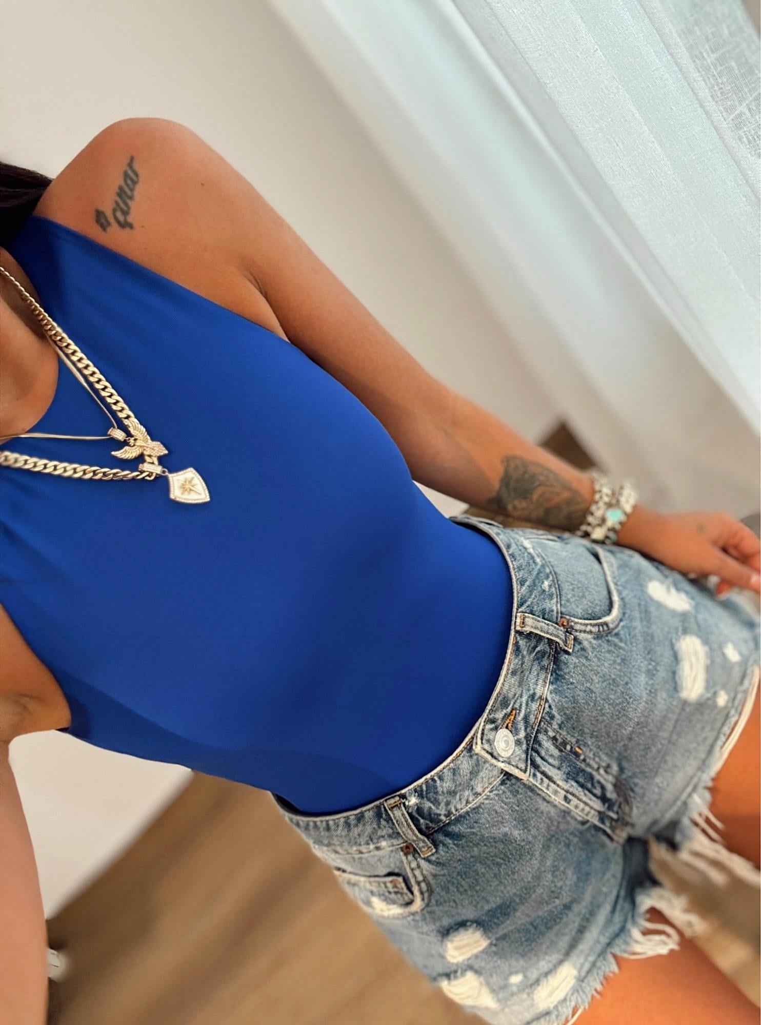 Bisiklet Yaka Sandy Saks Mavi Bodysuit