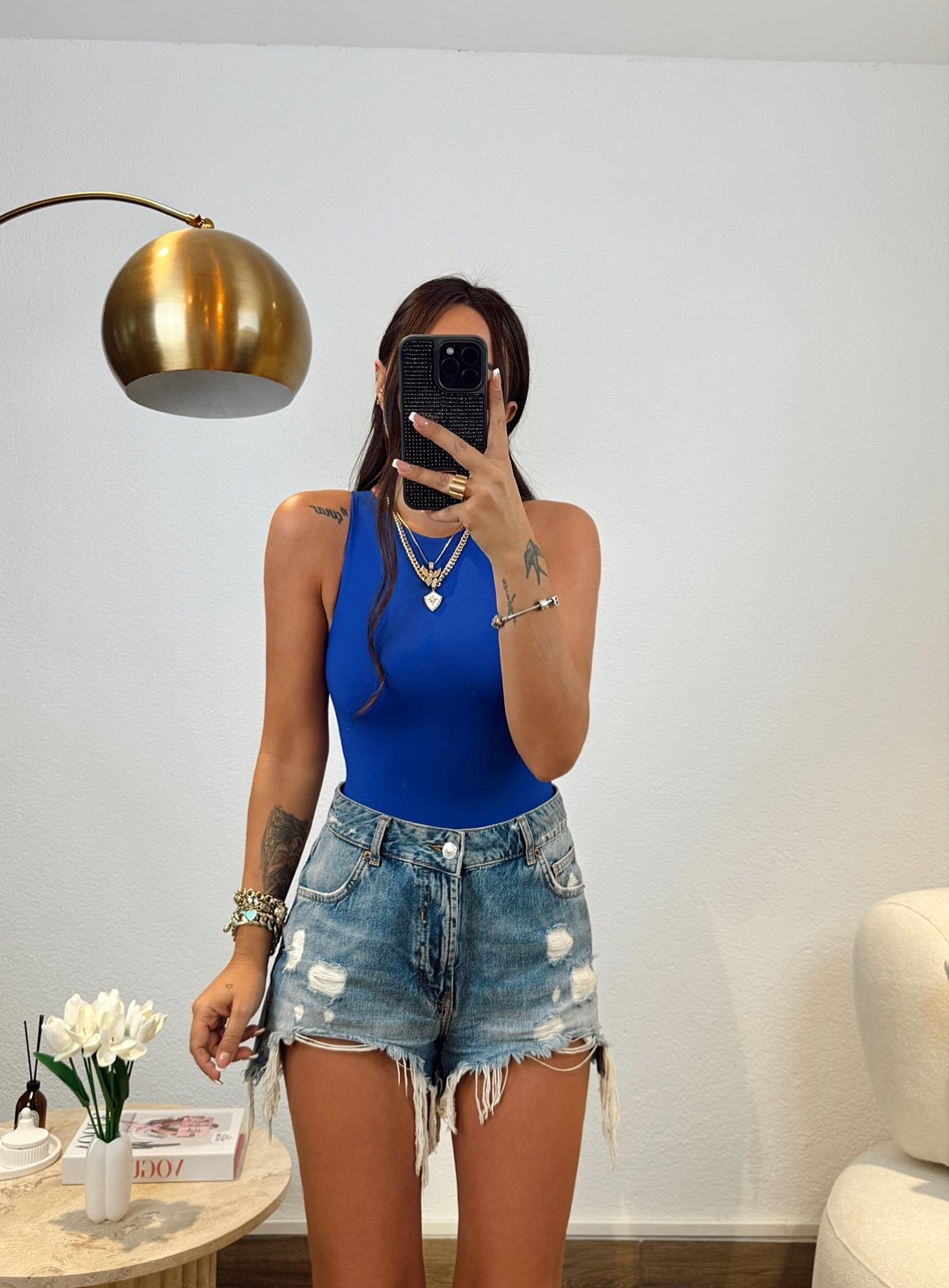Bisiklet Yaka Sandy Saks Mavi Bodysuit