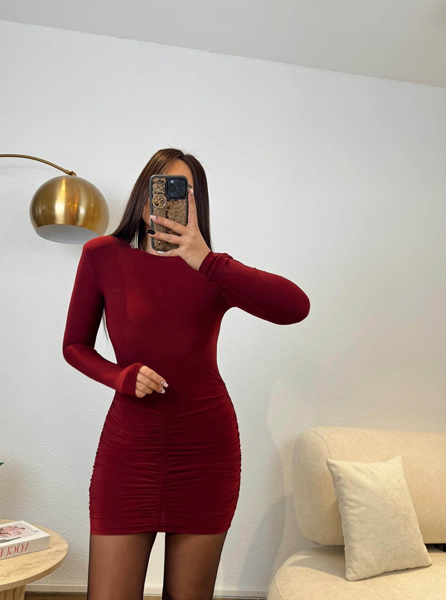 Bisiklet Yaka Vatkalı Drapeli Bordo Mini Elbise