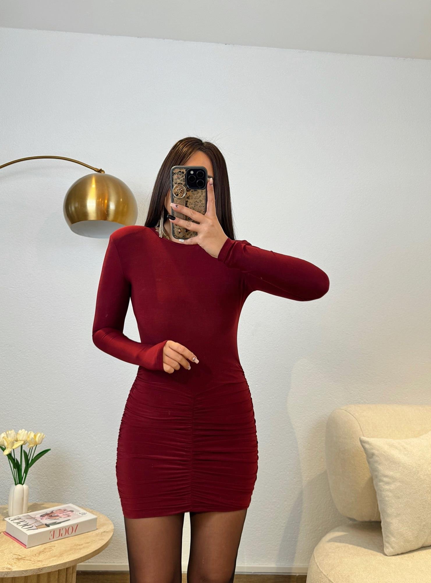 Bisiklet Yaka Vatkalı Drapeli Bordo Mini Elbise