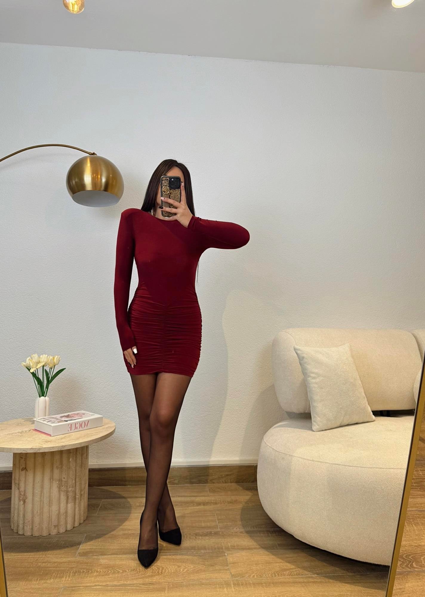 Bisiklet Yaka Vatkalı Drapeli Bordo Mini Elbise
