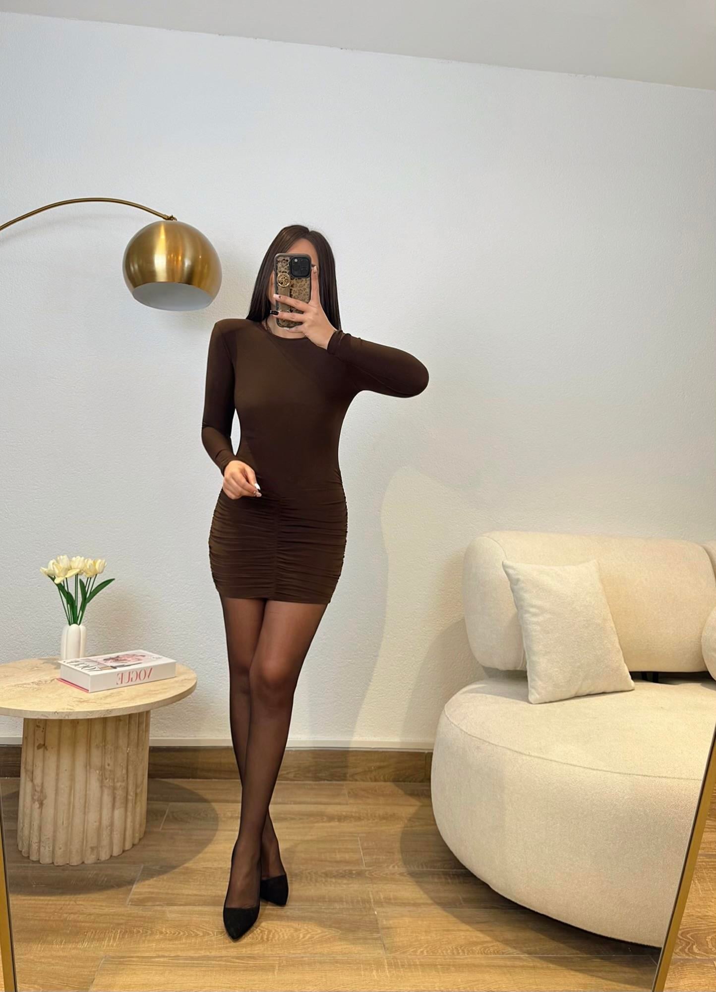 Bisiklet Yaka Vatkalı Drapeli Kahve Mini Elbise