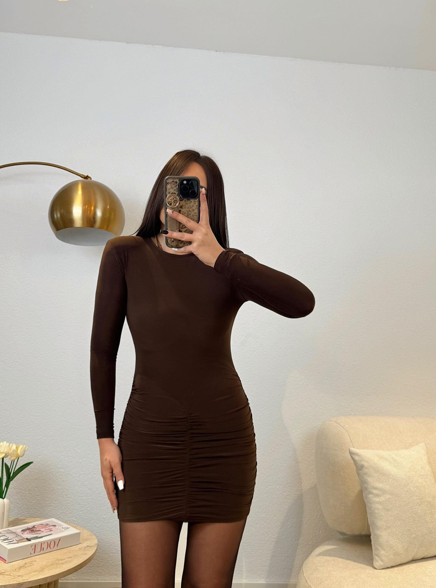 Bisiklet Yaka Vatkalı Drapeli Kahve Mini Elbise