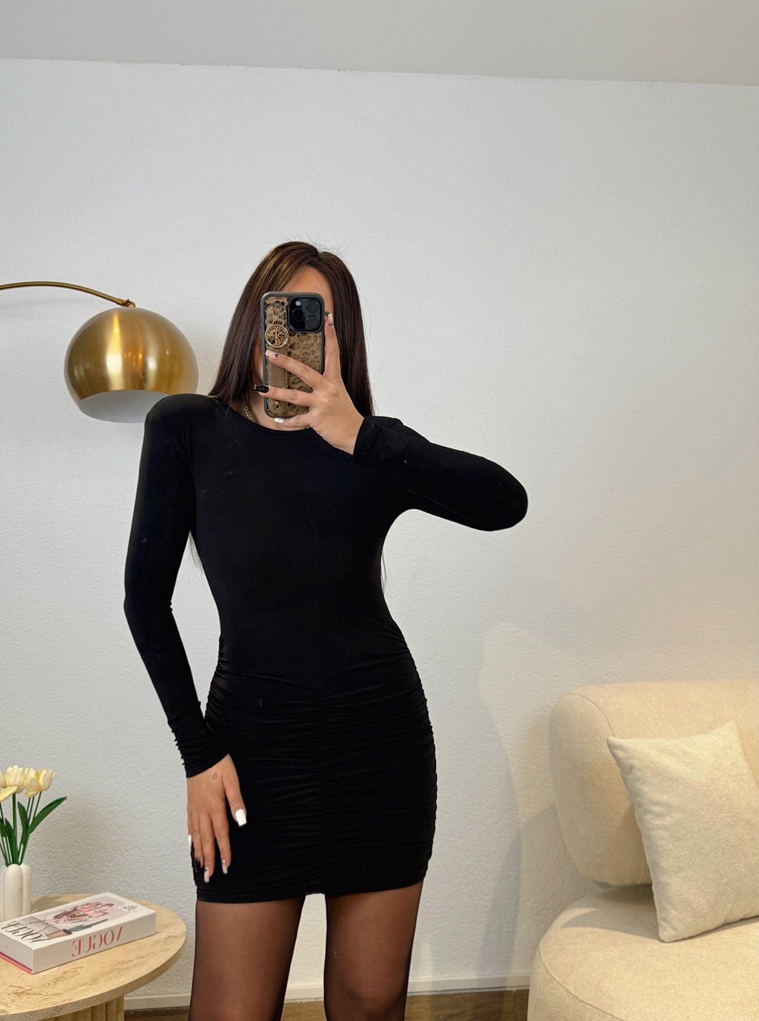 Bisiklet Yaka Vatkalı Drapeli Siyah Mini Elbise