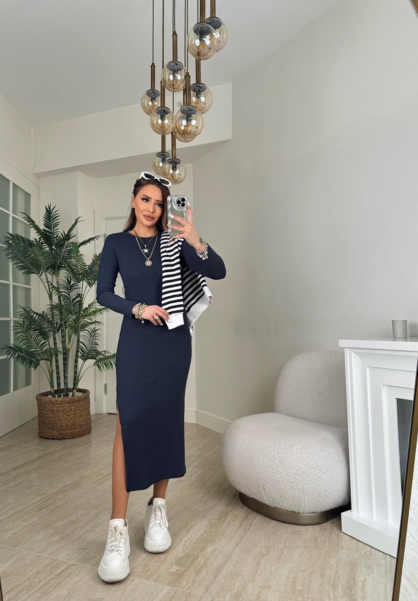 Bisiklet Yaka Yanı Yırtmaçlı Antrasit Midi Elbise