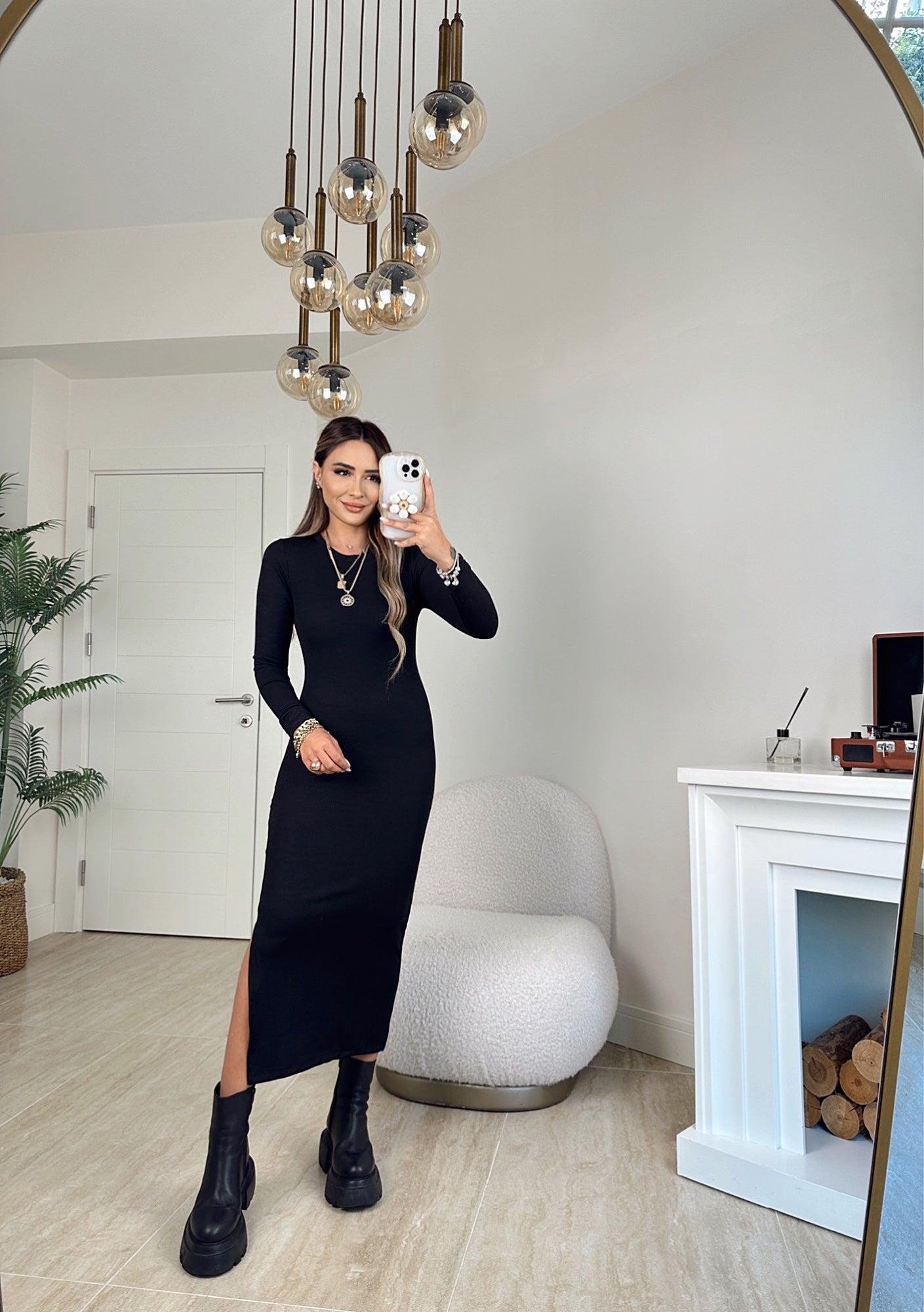 Bisiklet Yaka Yanı Yırtmaçlı Basic Elbise