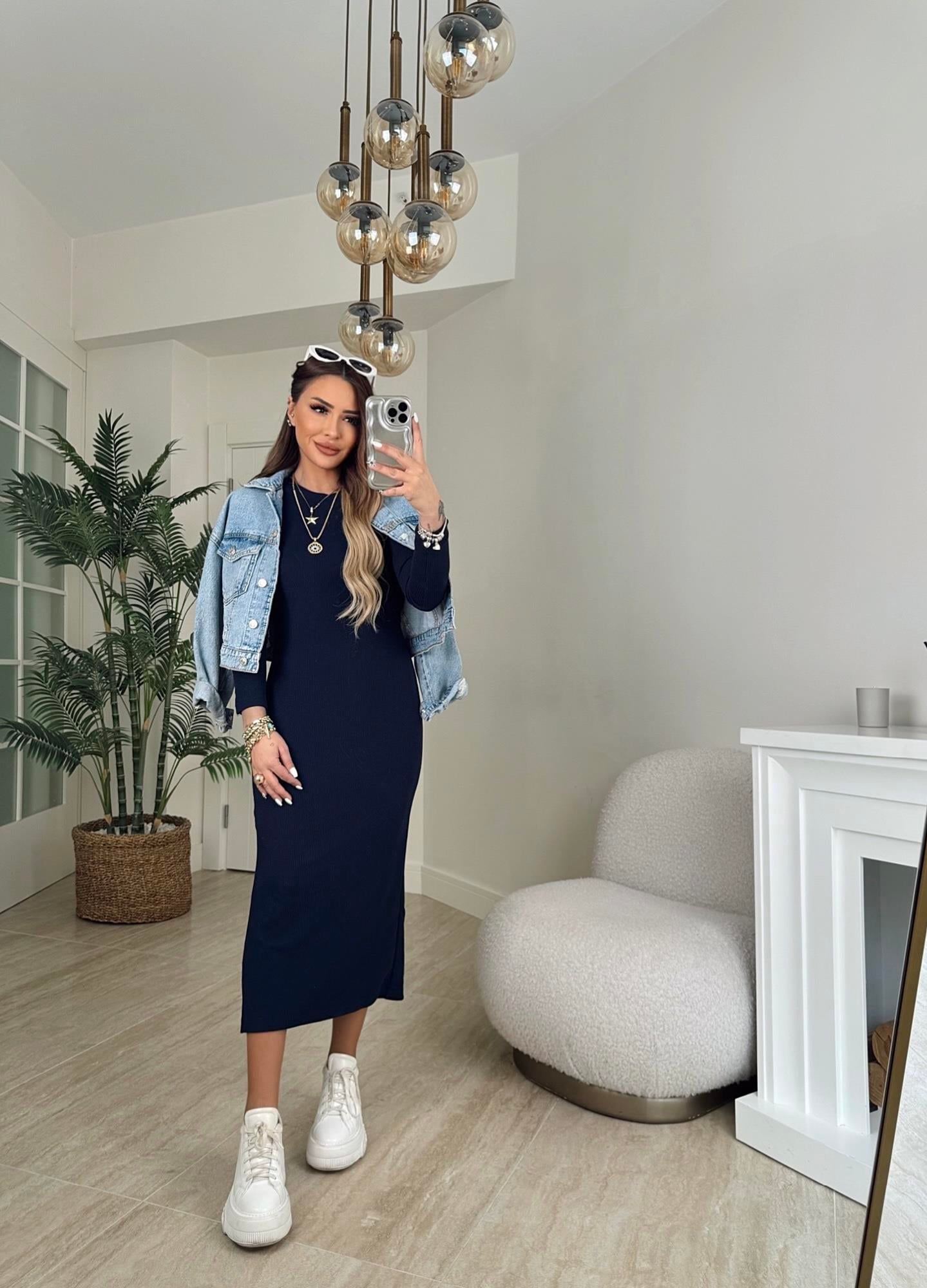 Bisiklet Yaka Yanı Yırtmaçlı Laci Midi Elbise