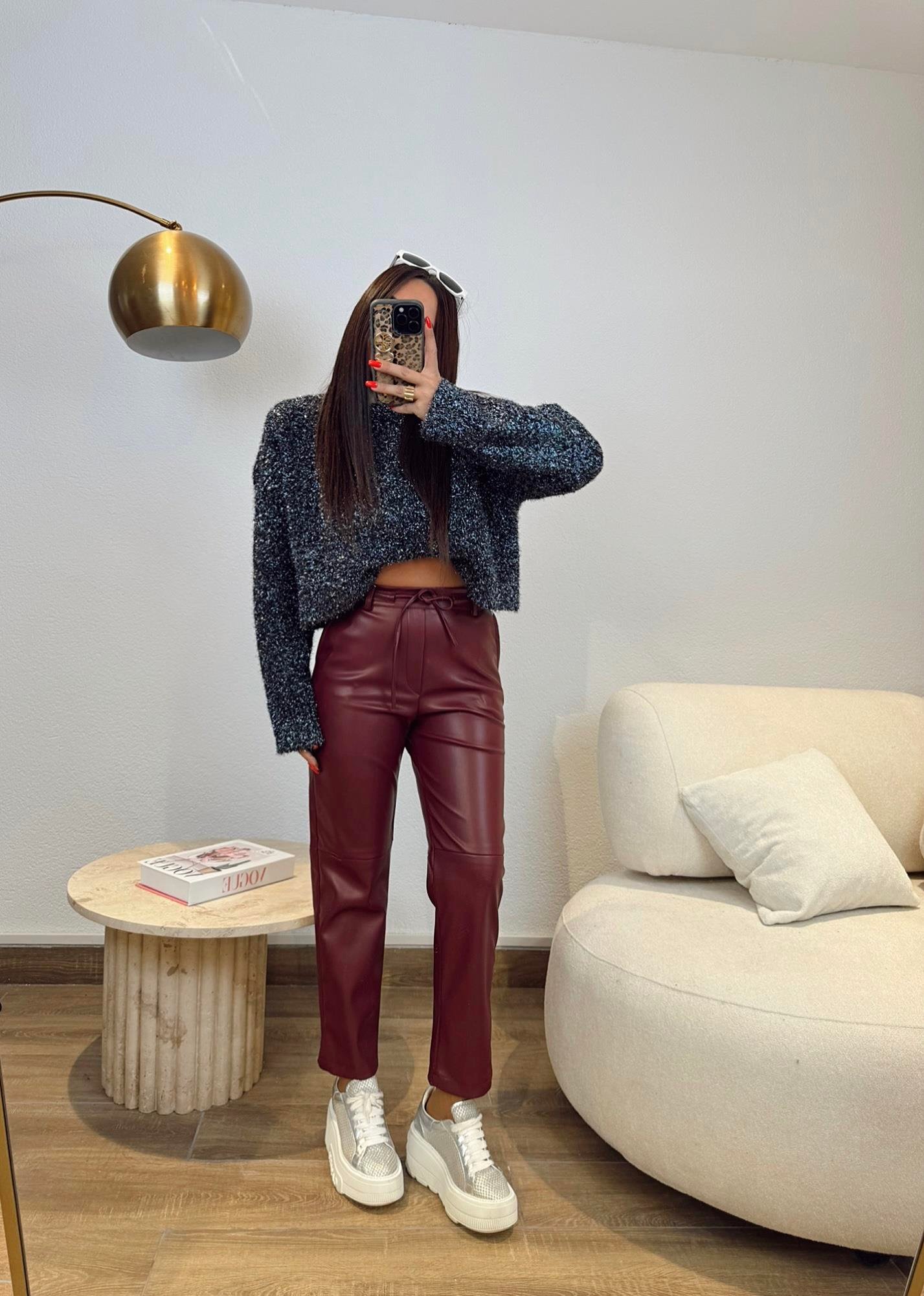 Bordo Beli Lastikli Bilek Boy Deri Pantolon