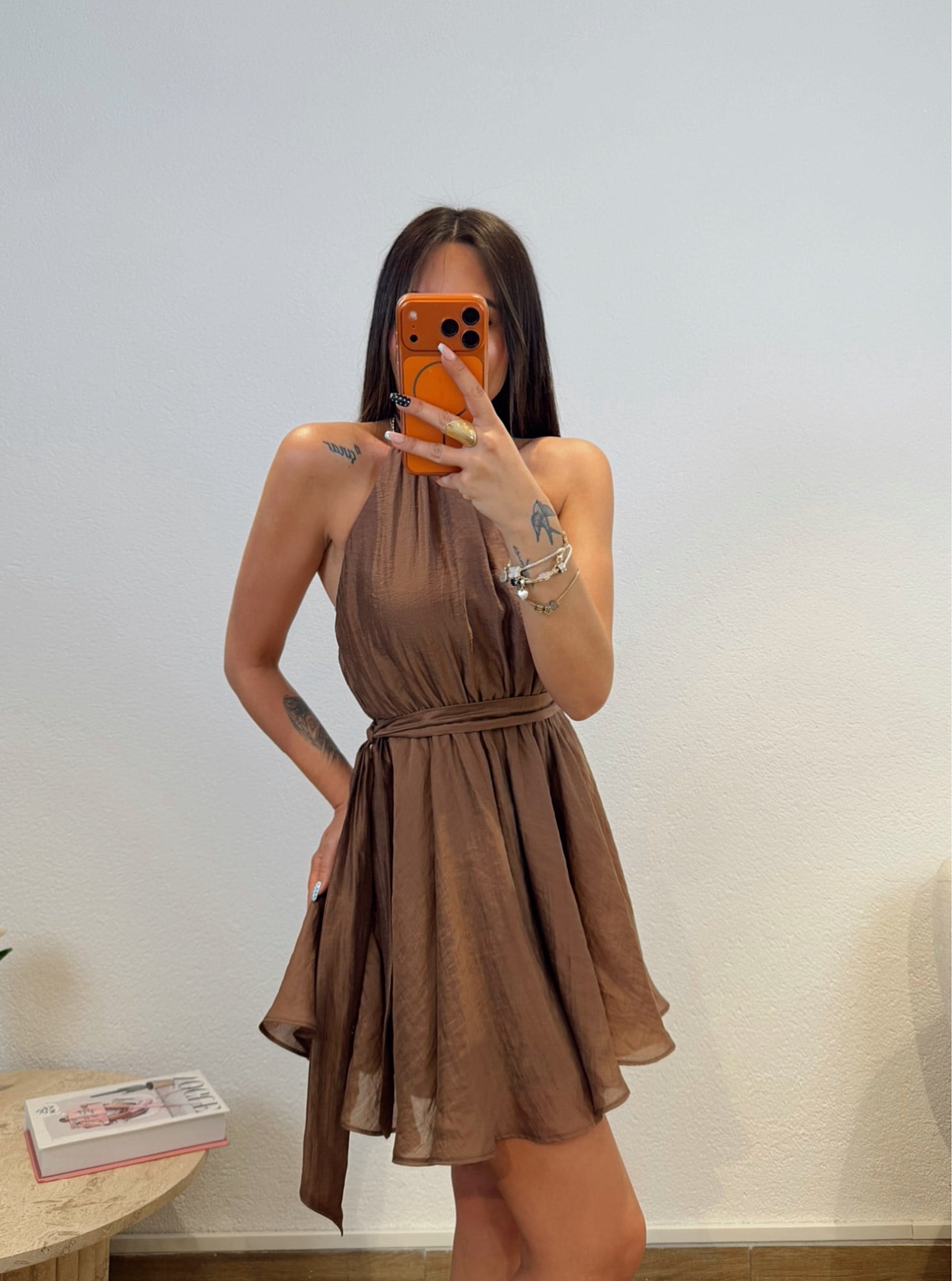 Boyundan Bağlamalı Taba Mini Elbise