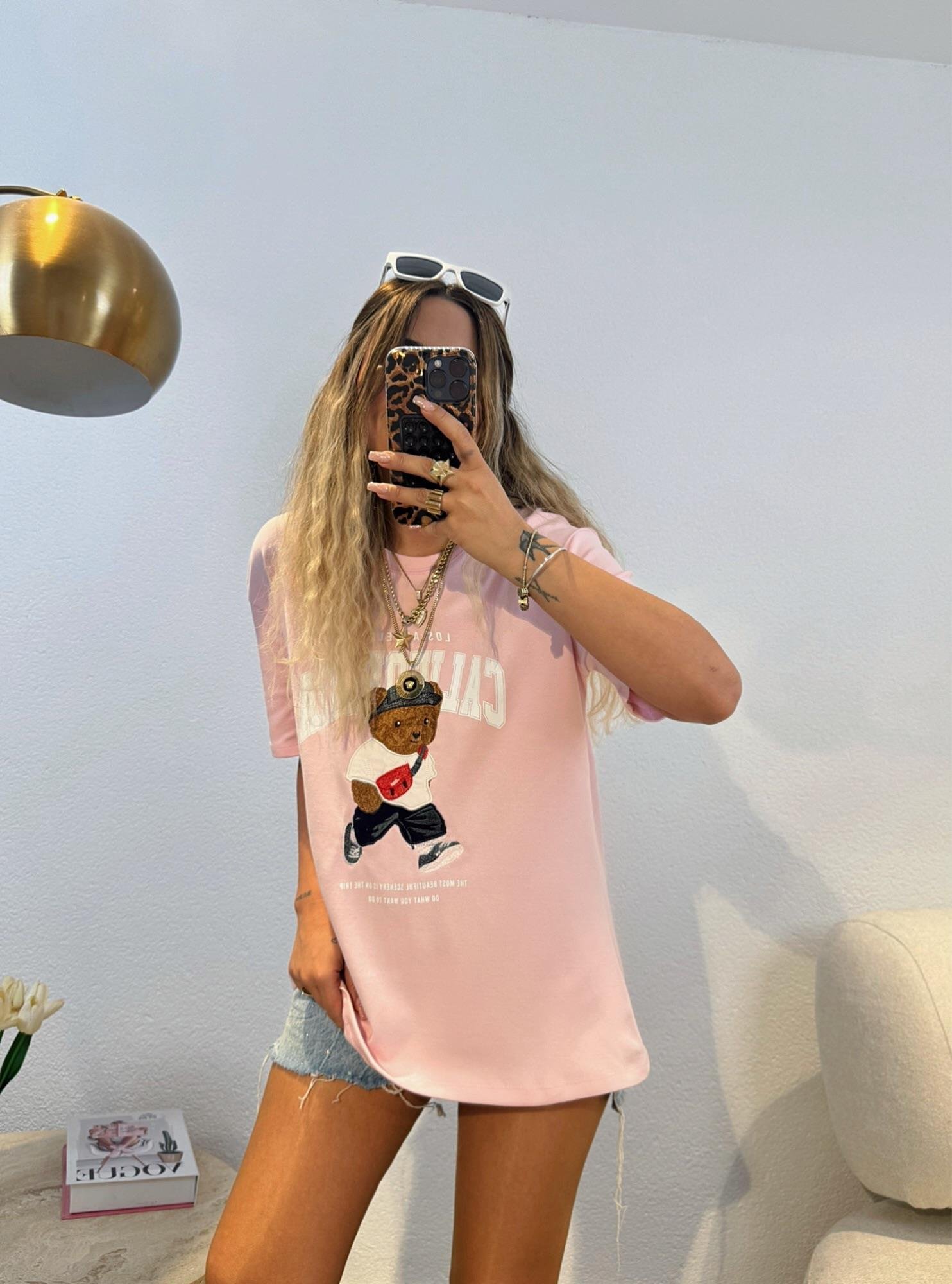 California Baskı Pembe Tshirt