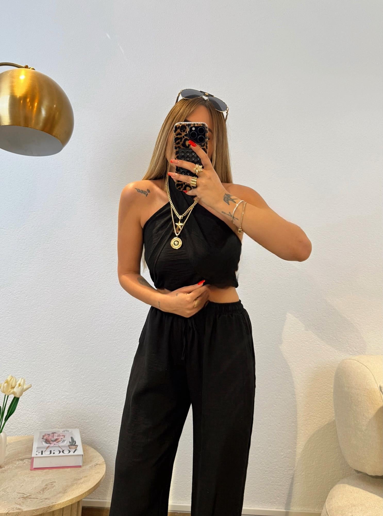 Çapraz Crop-Pantolon Keten Takım
