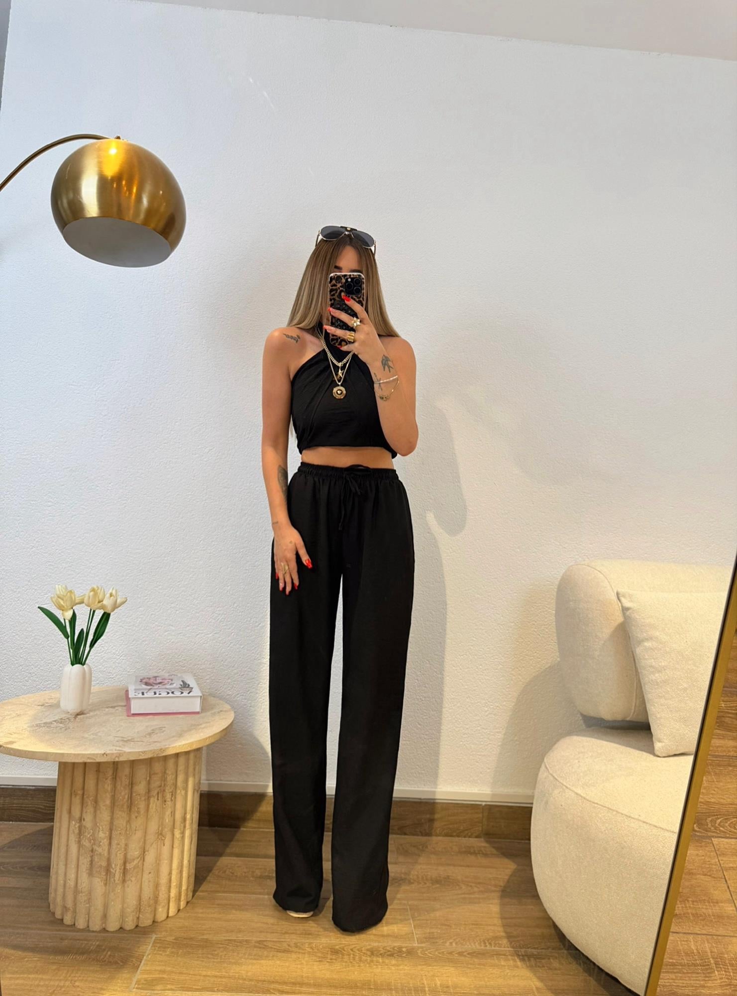 Çapraz Crop-Pantolon Keten Takım
