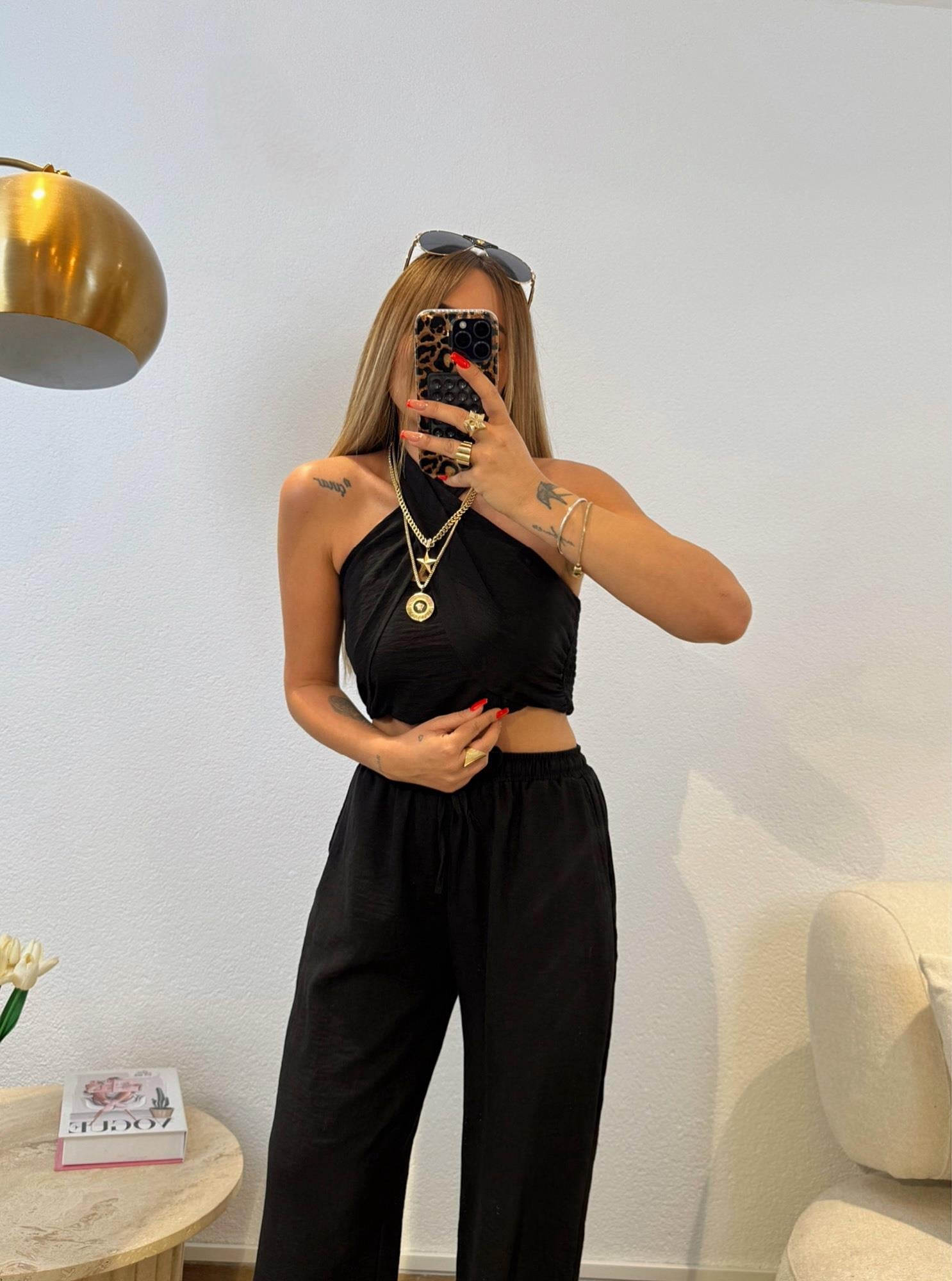 Çapraz Crop-Pantolon Keten Takım