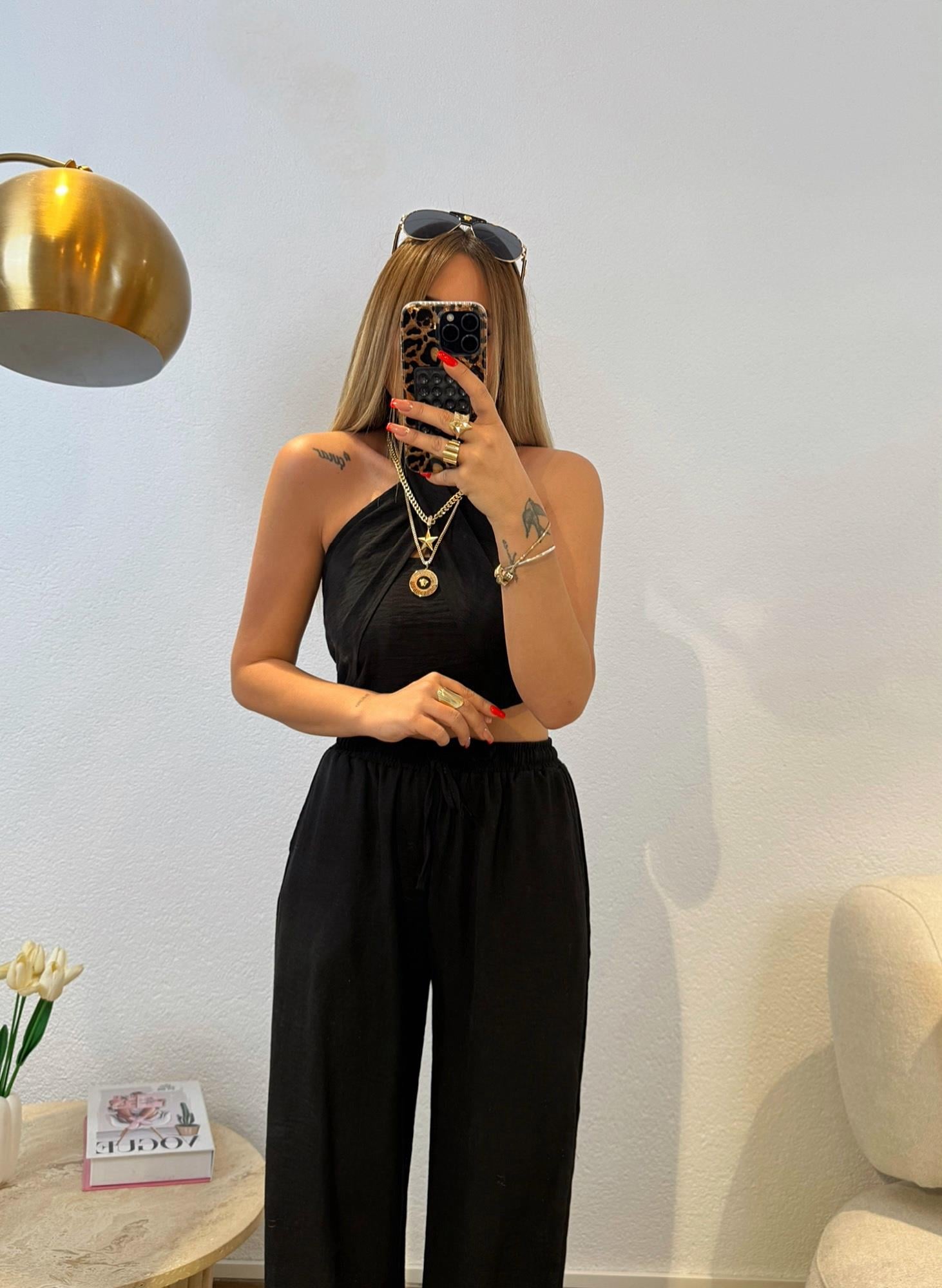 Çapraz Crop-Pantolon Keten Takım