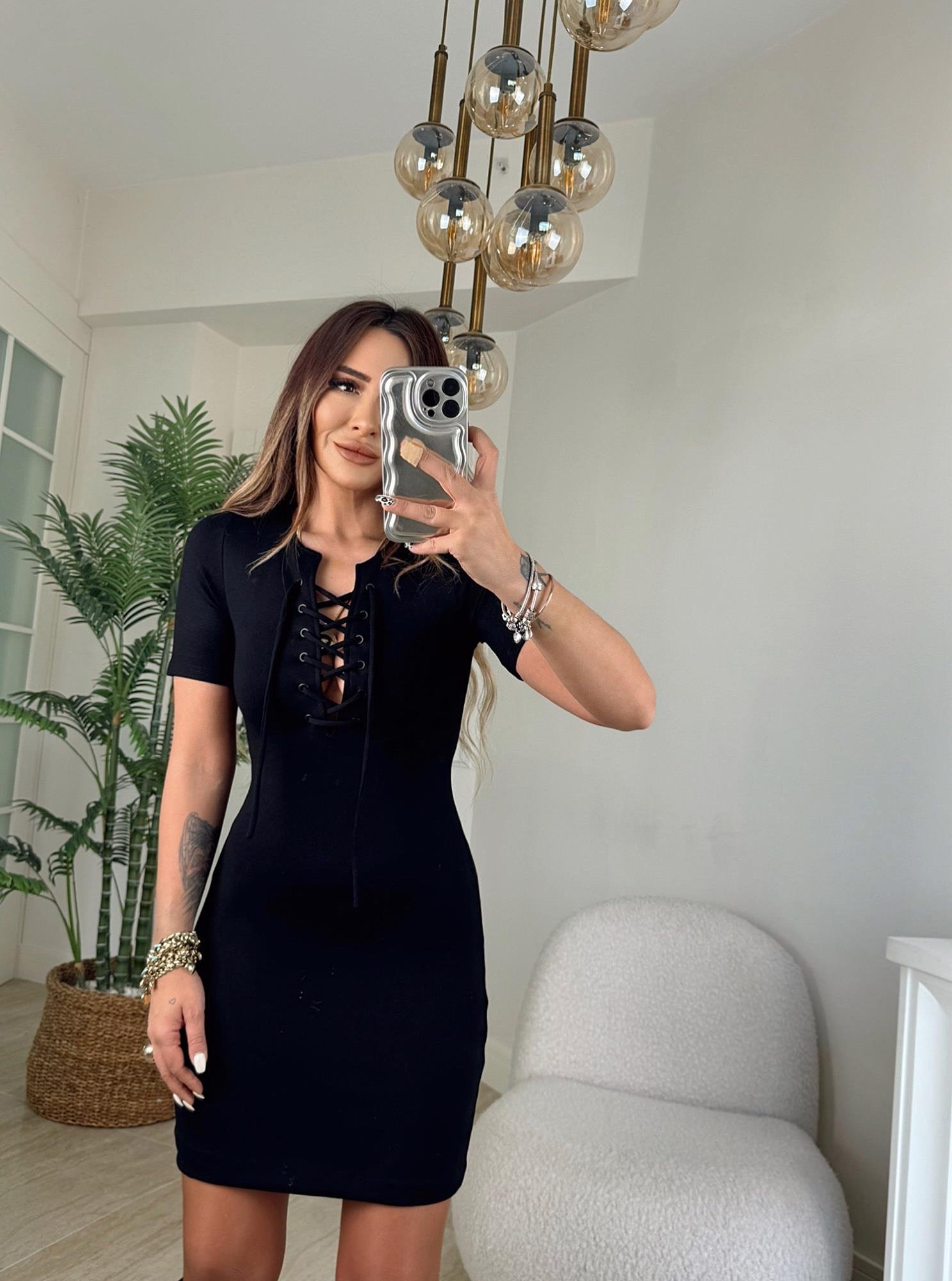 Çapraz İp Detay Çelik Kumaş Toparlayacı Mini Elbise 